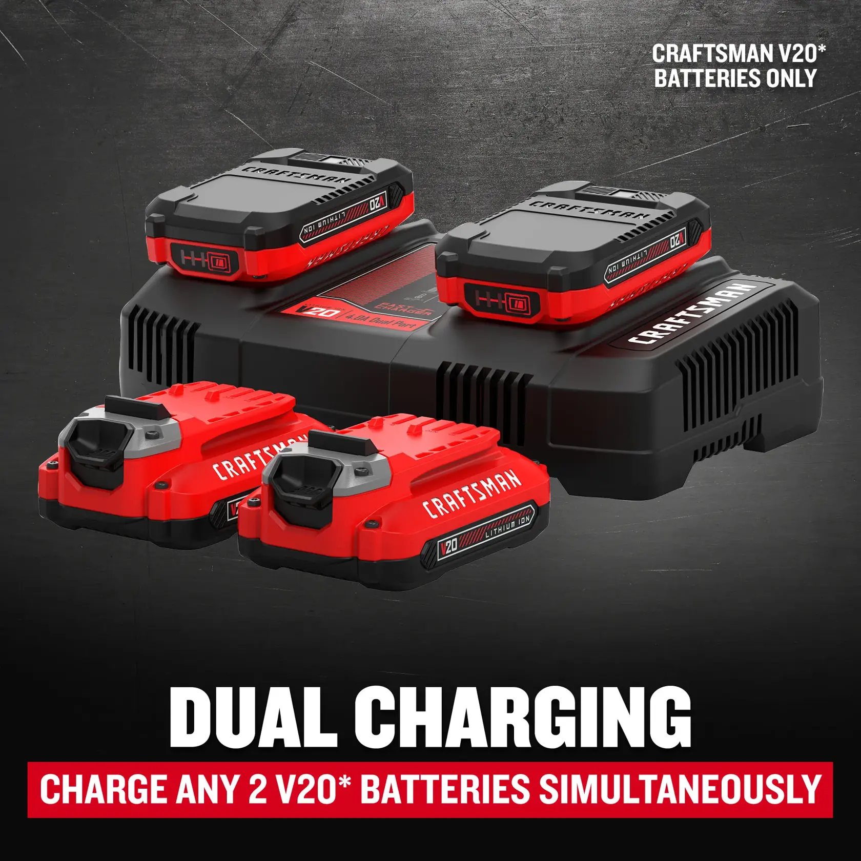 CRAFTSMAN Dual Charger and 4 Battery Kit Dual Charging Feature