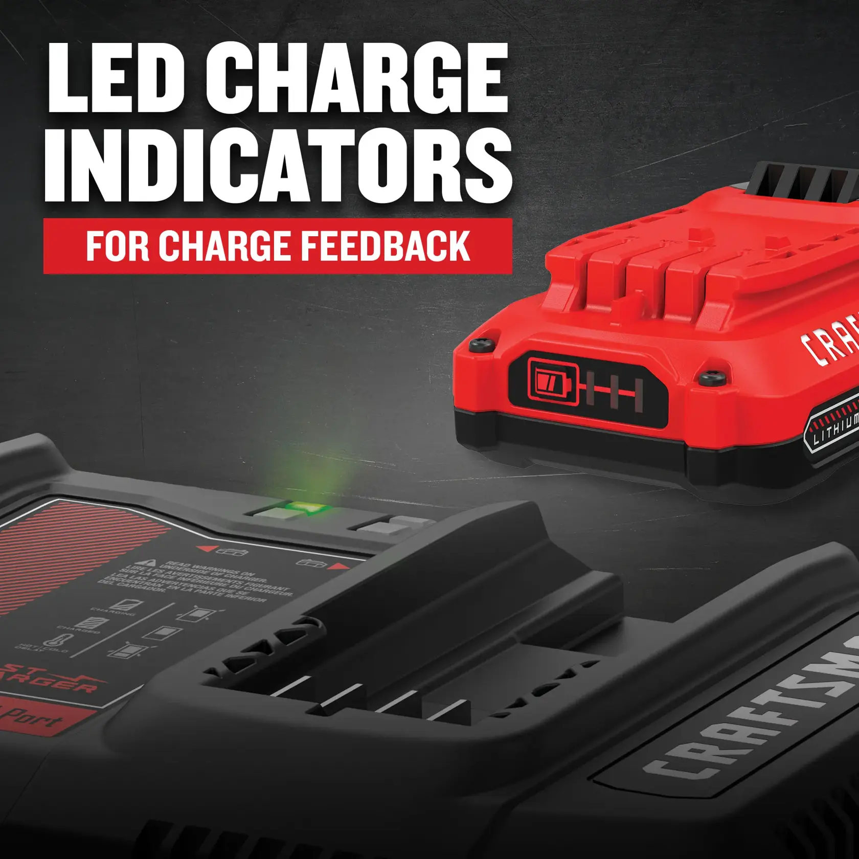 CRAFTSMAN Dual Charger and 4 Battery Kit LED Indicators Feature