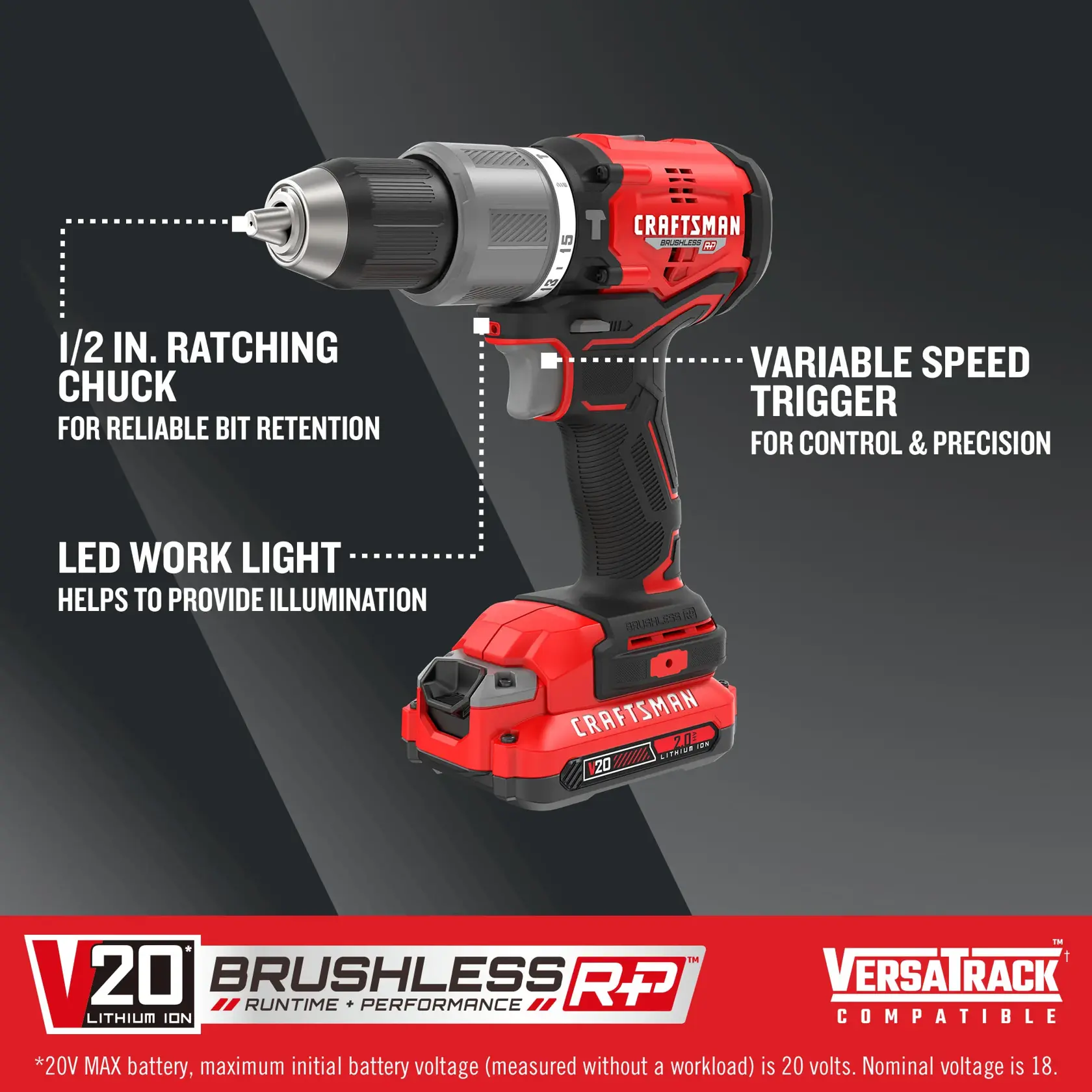 V20 BRUSHLESS RP Hammer Drill on dark background