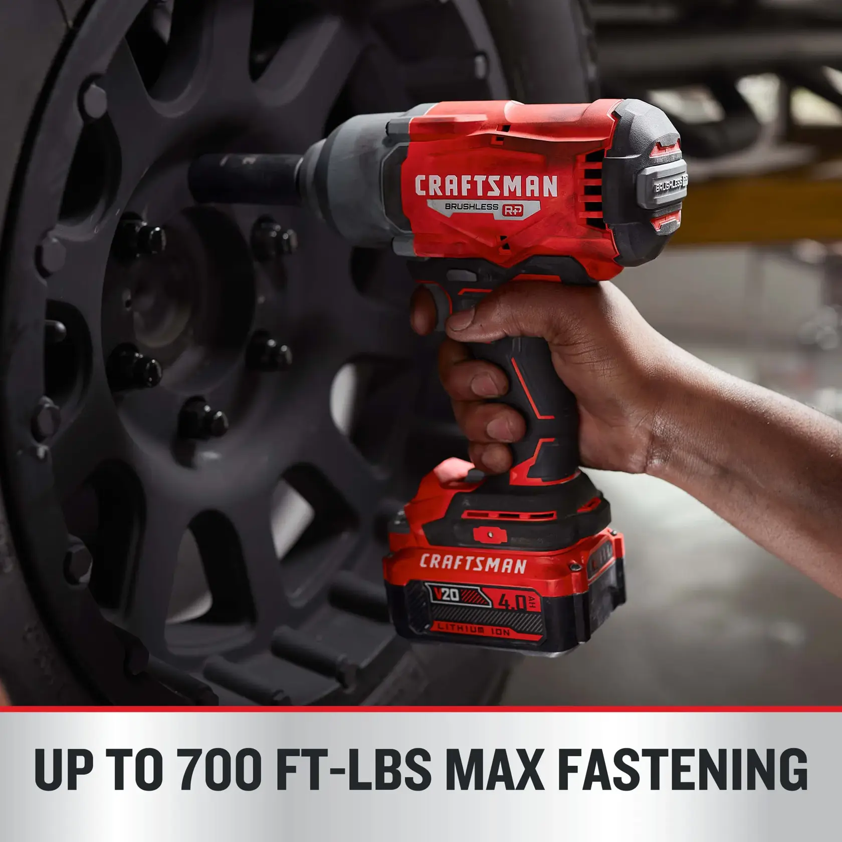 CRAFTSMAN BRUSHLESS RP high torque half inch drive impact wrench on dark background graphic