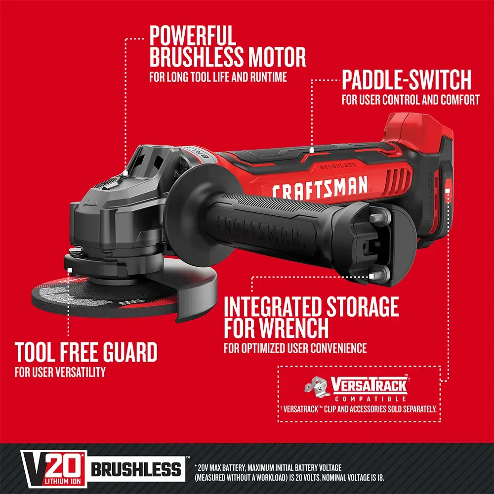 Graphic of CRAFTSMAN Angle Grinder highlighting product features