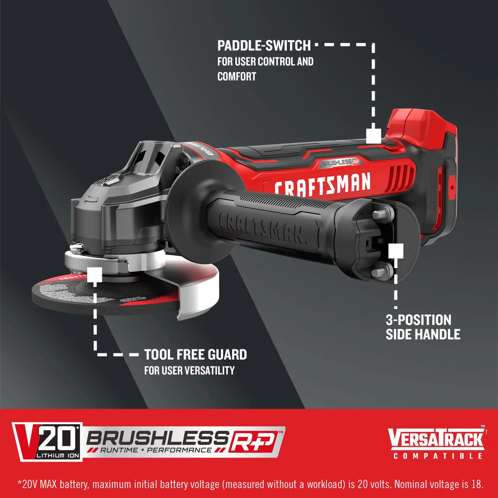 Craftsman V20 Brushless RP Angle Grinder with Paddle-Switch, 3-Position Side Handle, and Tool Free Guard
