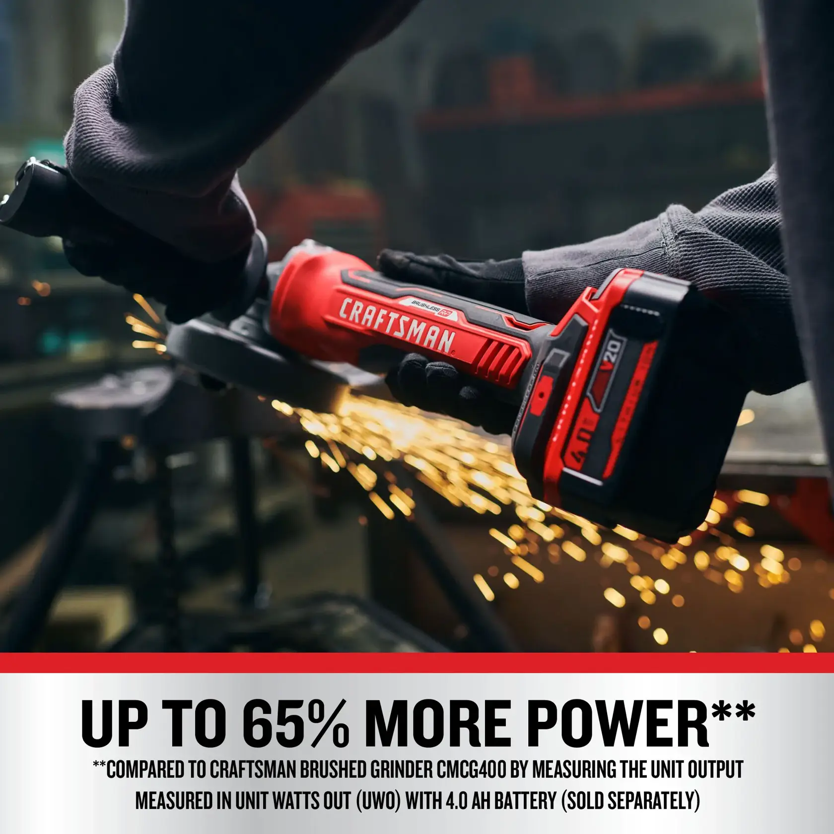 Person using Craftman V20 Brushless RP Angle Grinder with up to 65% more power**