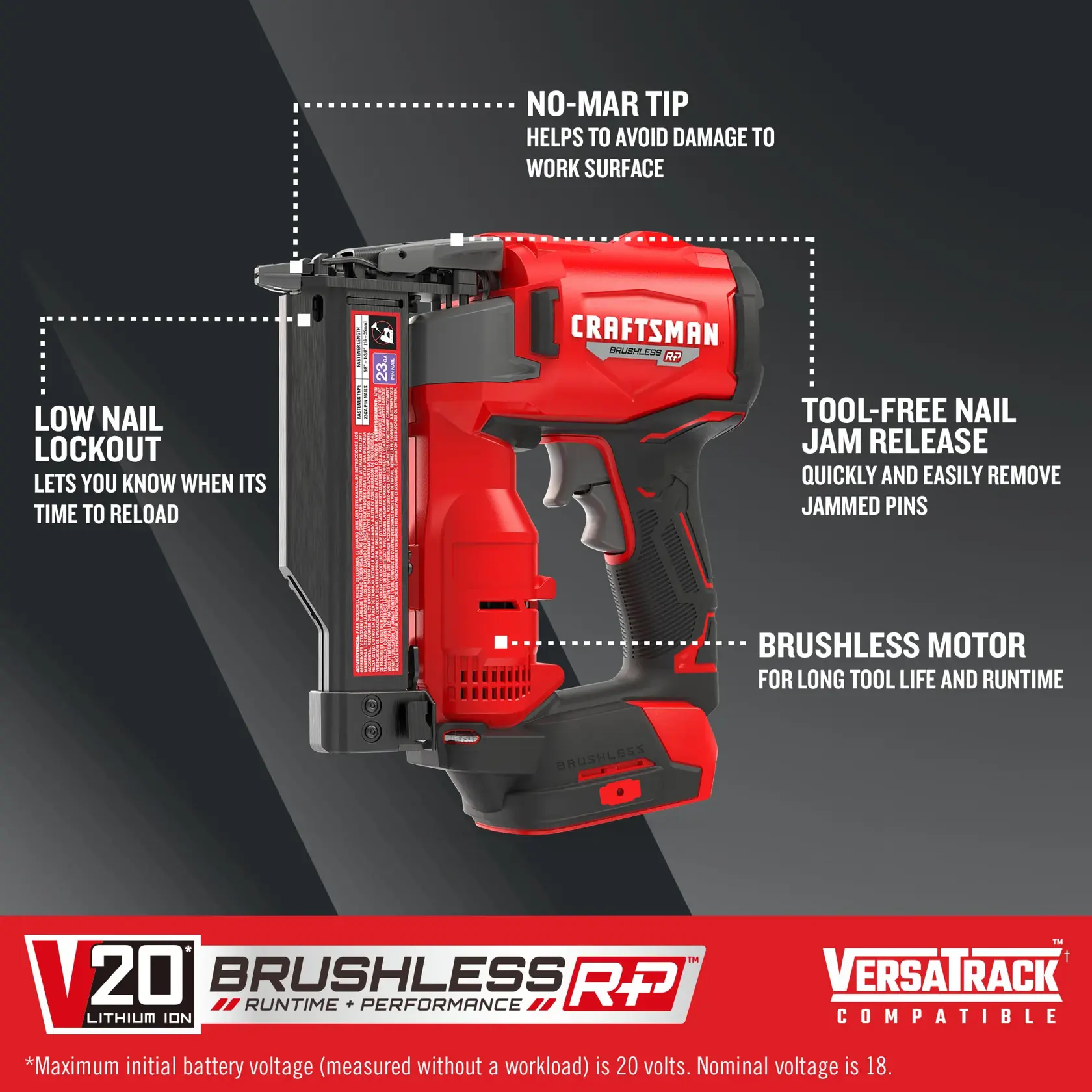 V20 Brushless RP 23 gauge pin nailer (tool only) on dark background