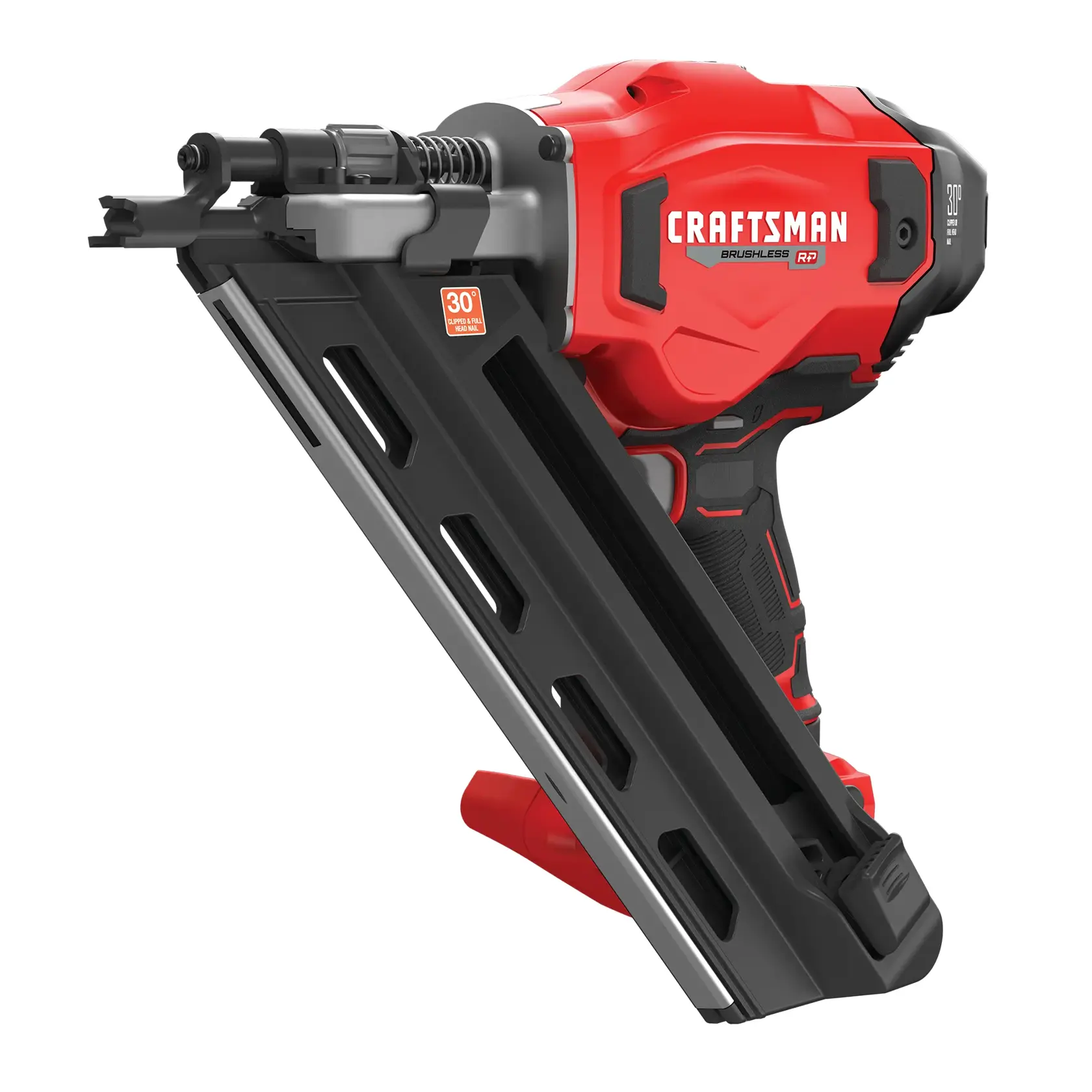 CRAFTSMAN V20* 30 degree framing nailer, head-on image. Battery & charger sold separately. To optimize performance, use with 4 AH or higher battery pack.