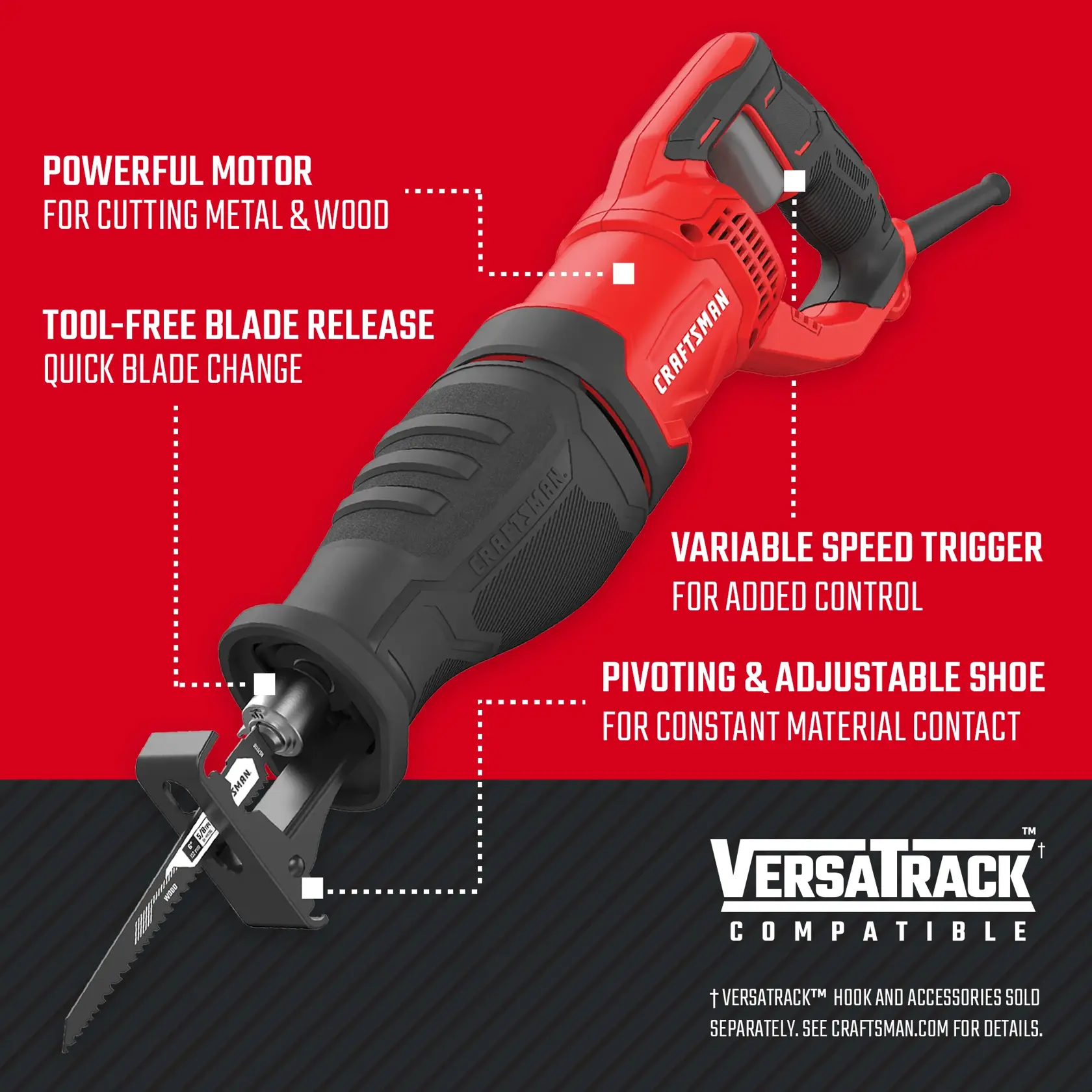 Graphic of CRAFTSMAN Saws: Reciprocating highlighting product features