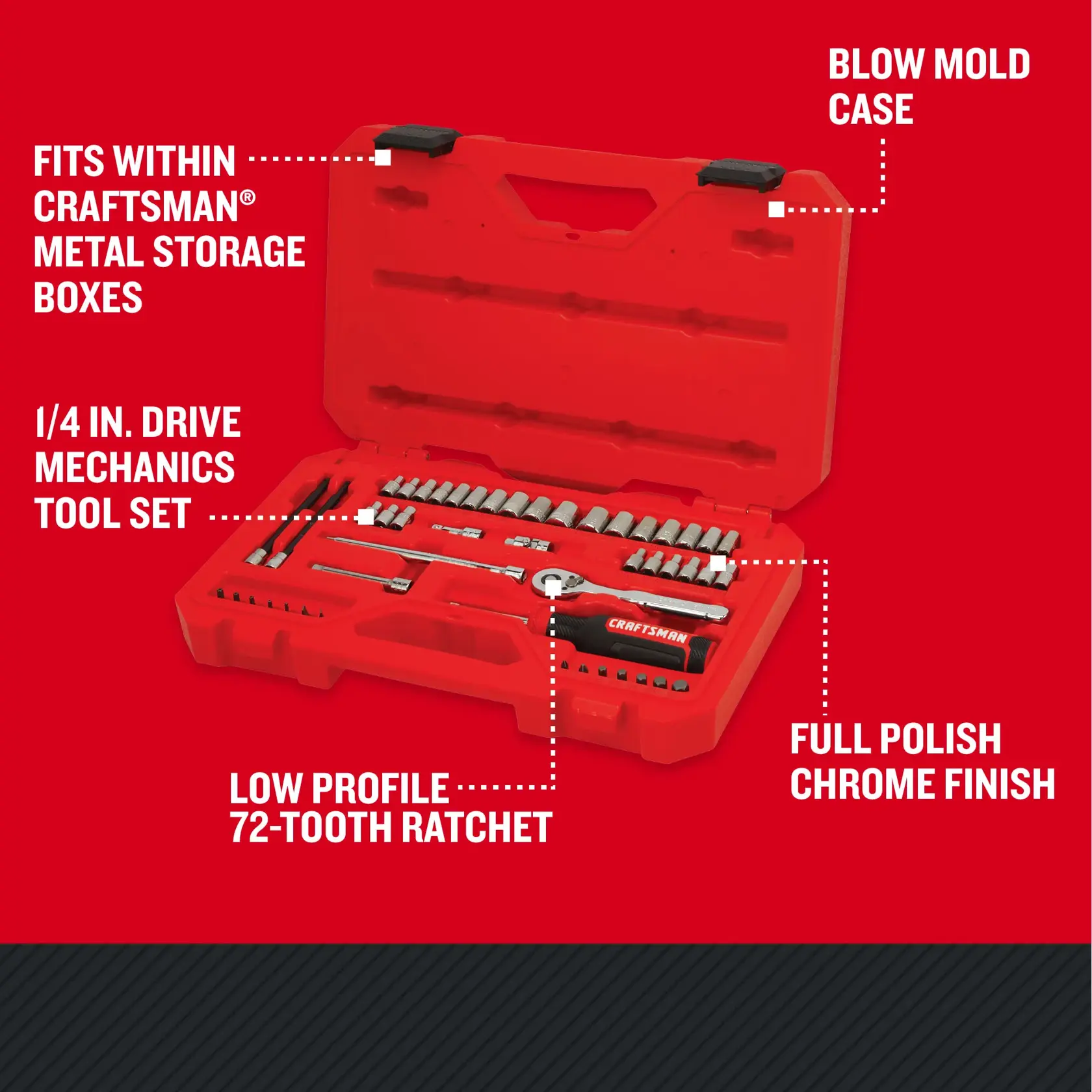 CRAFTSMAN Low Profile 48 piece 1/4 inch drive MECHANICS TOOL SET with features and benefits highlighted