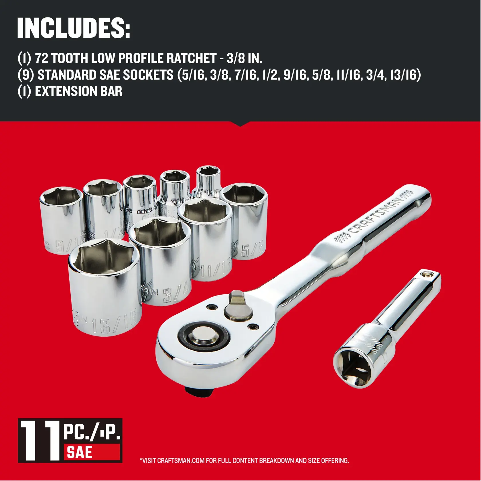 CRAFTSMAN Low Profile 11 piece 3/8 inch drive NANO MECHANICS TOOL SET with contents list