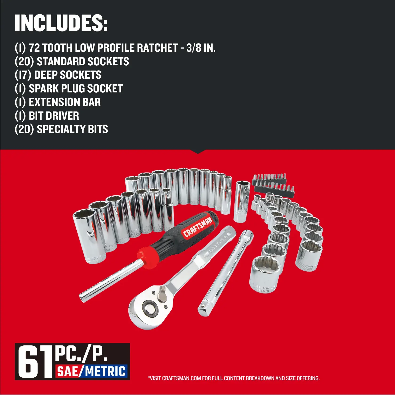 CRAFTSMAN Low Profile 61 piece 3/8 inch drive MECHANICS TOOL SET with contents list