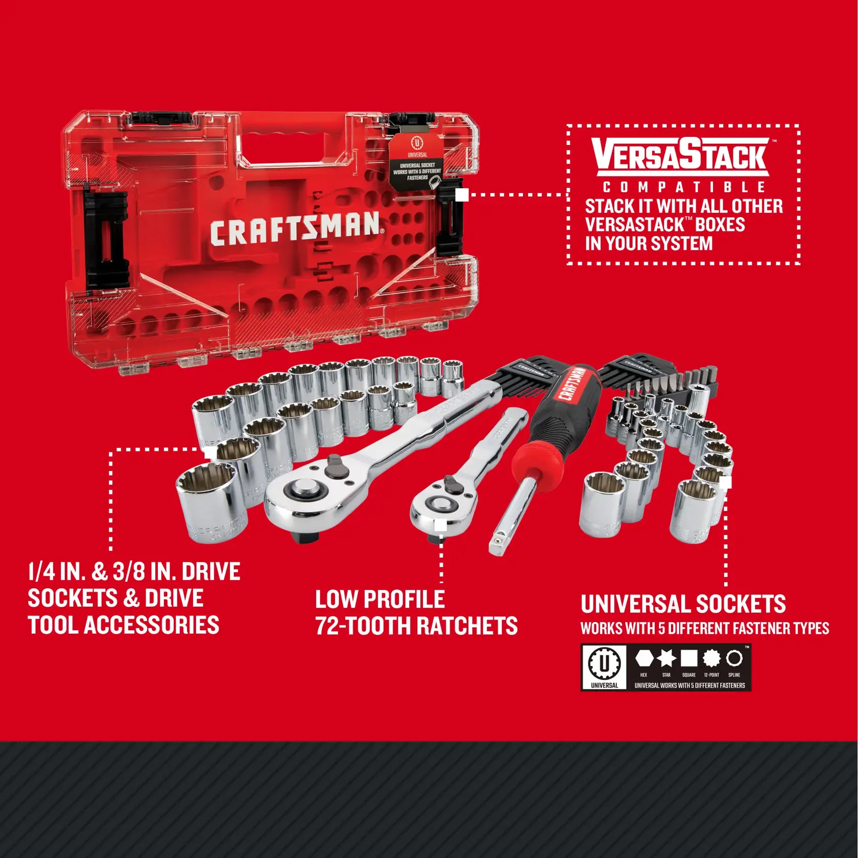 CRAFTSMAN Low Profile 68 piece Versastack Mechanics Tool Set with features and benefits highlighted