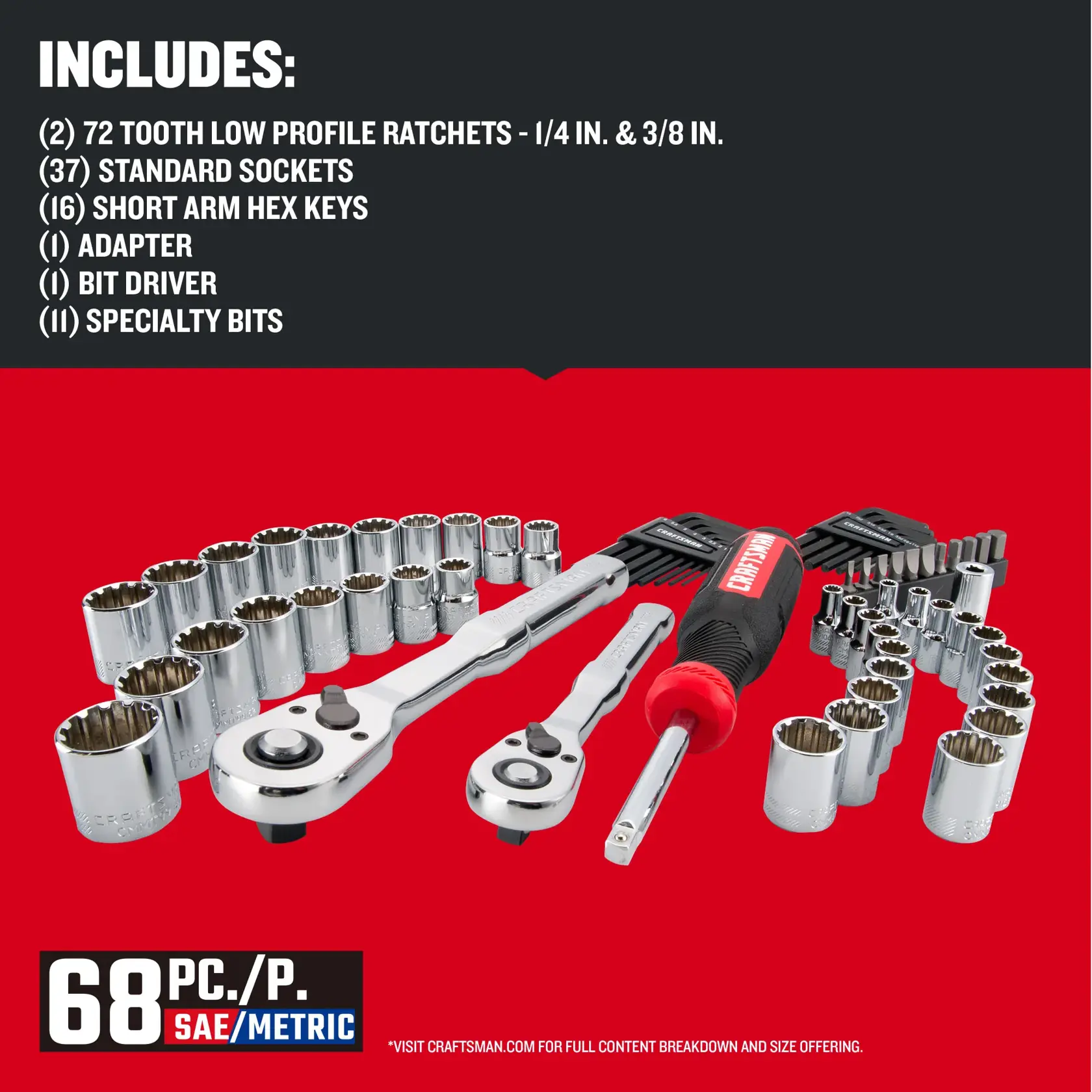 CRAFTSMAN Low Profile 68 piece Versastack Mechanics Tool Set with contents list