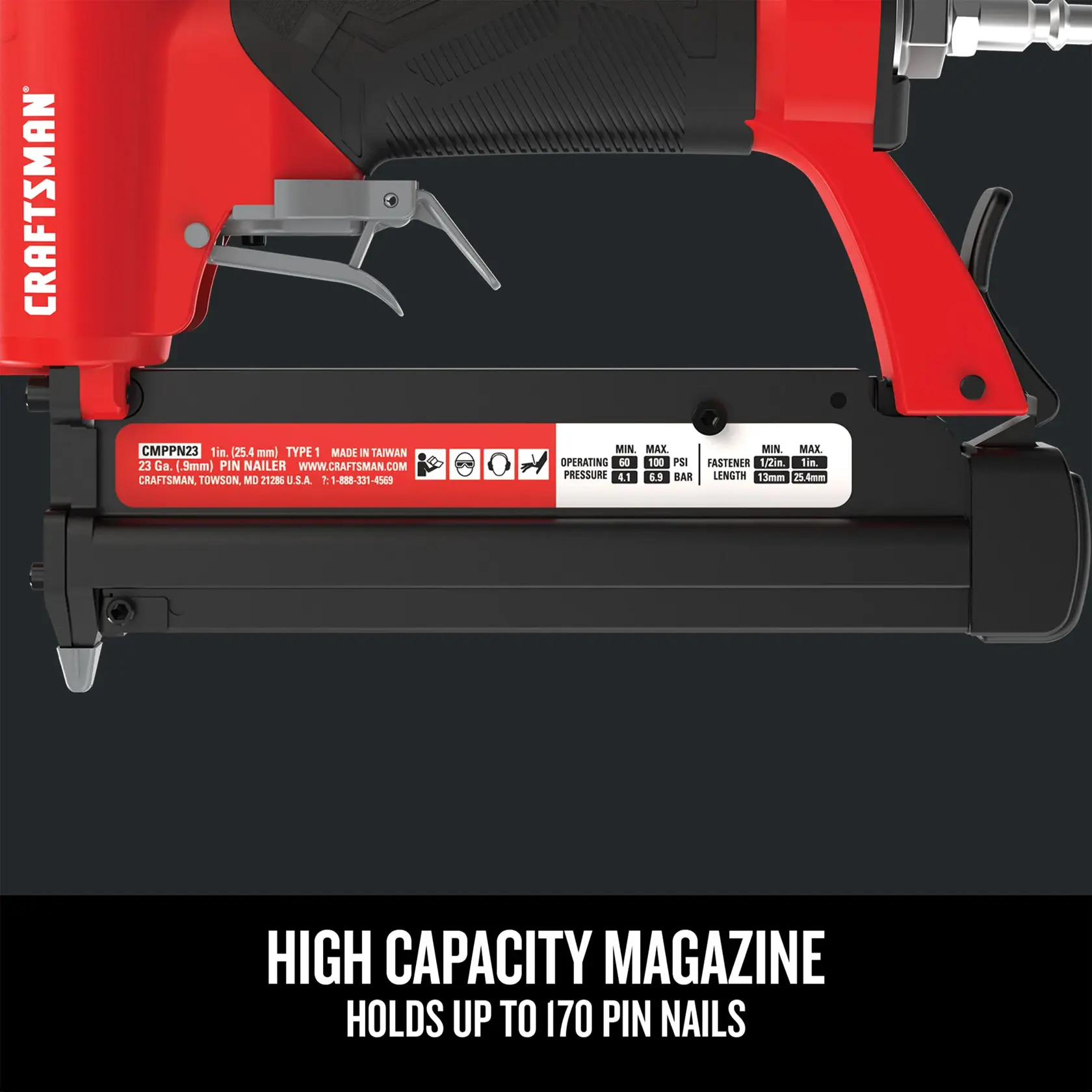 Graphic of CRAFTSMAN Nailer: Pin highlighting product features