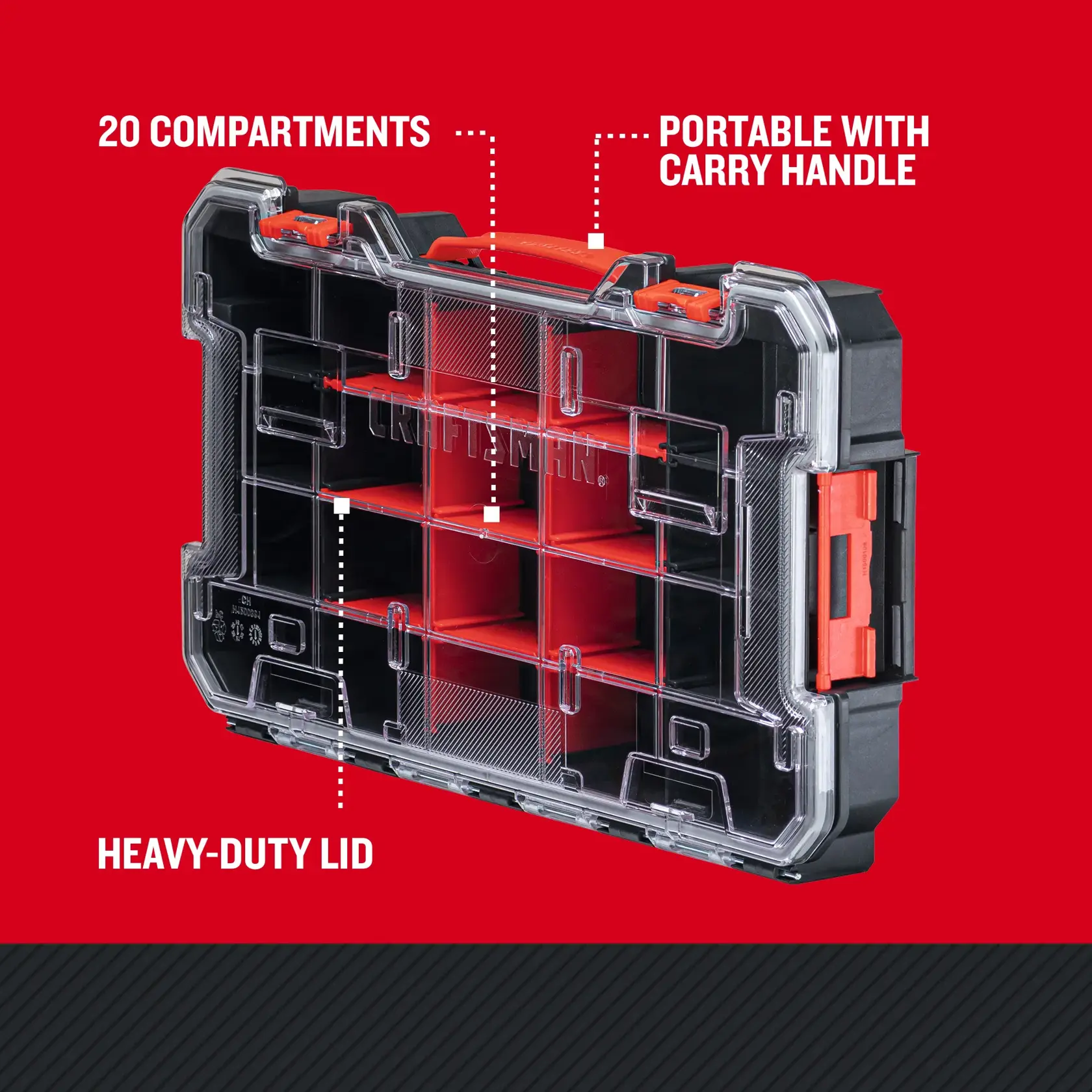 Craftsman VersaStack 20-Compartment Organizer on dark graphic background