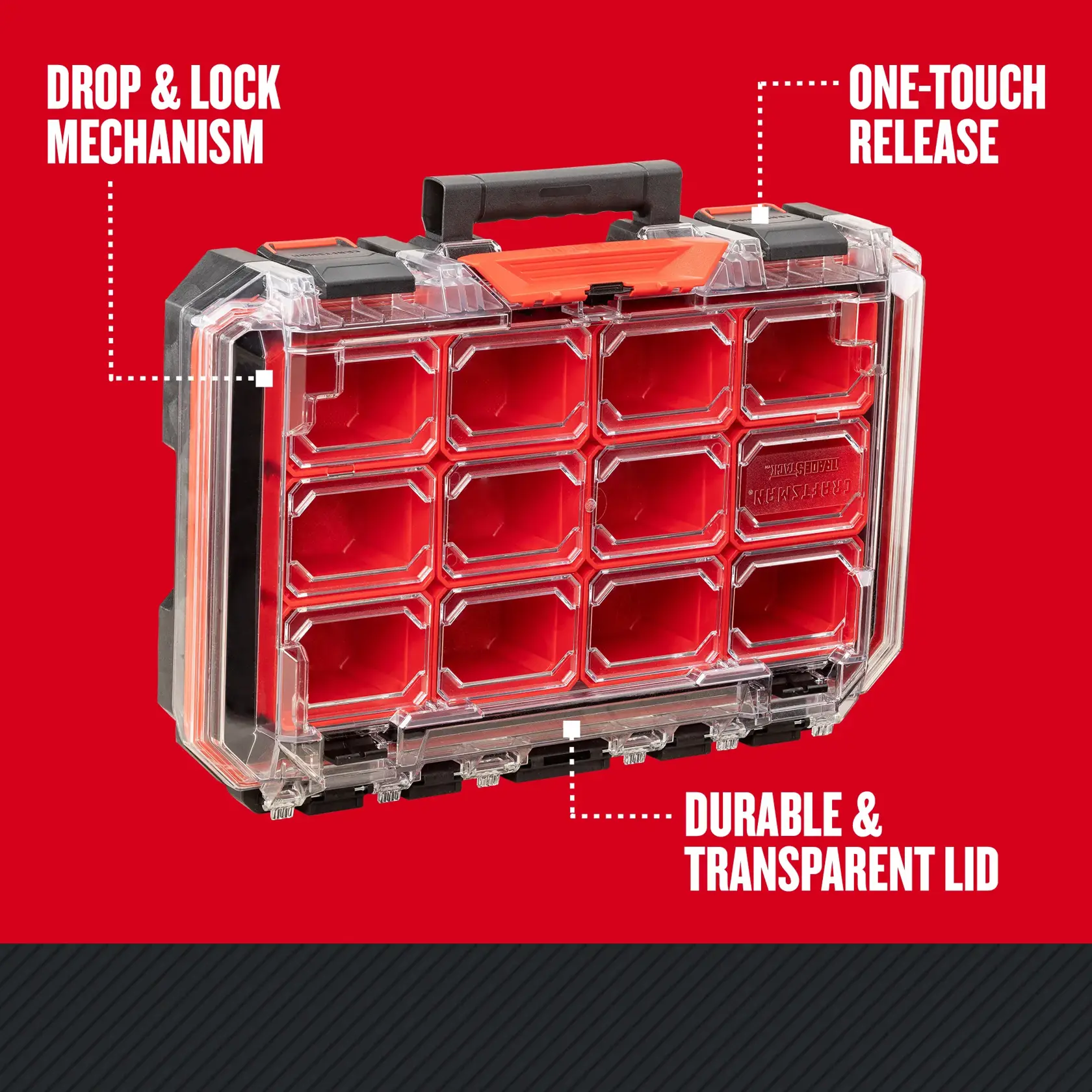 CRAFTSMAN organizer carousel graphic on red background