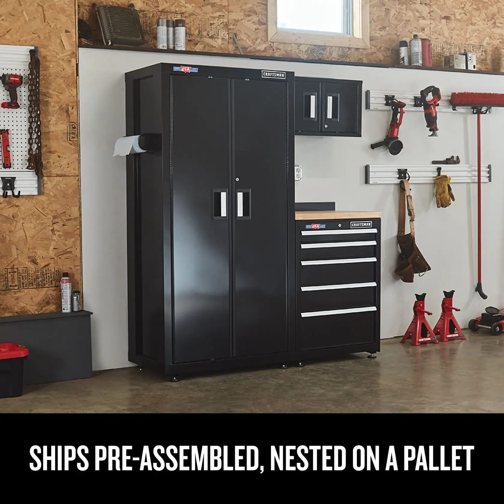 Product assembled in garage with text ships pre-assembled, nested on a pallet