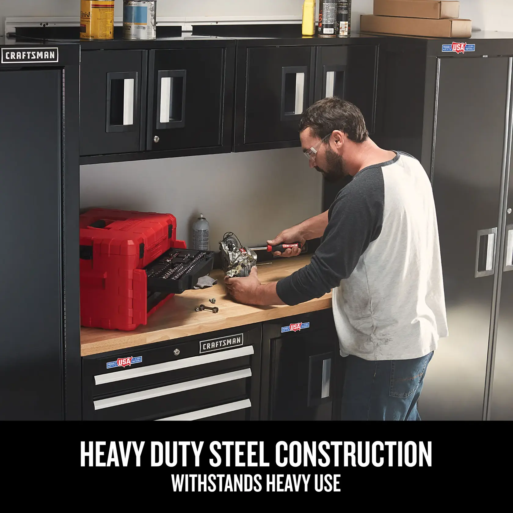 Man working at storage unit with text ships heavy duty steel construction withstands heavy use