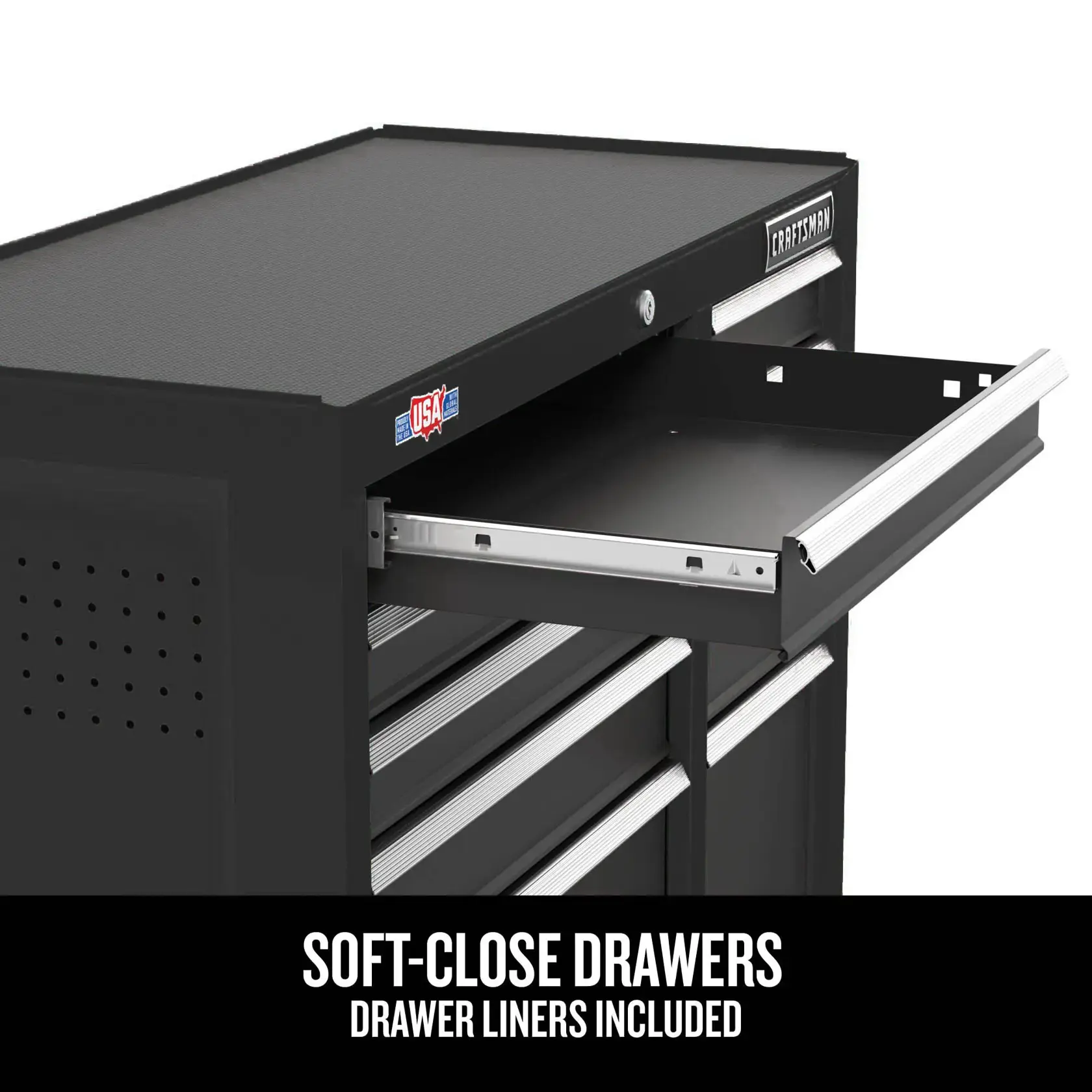 CRAFTSMAN S2000 52" Workstation with soft close drawer and liners feature call out