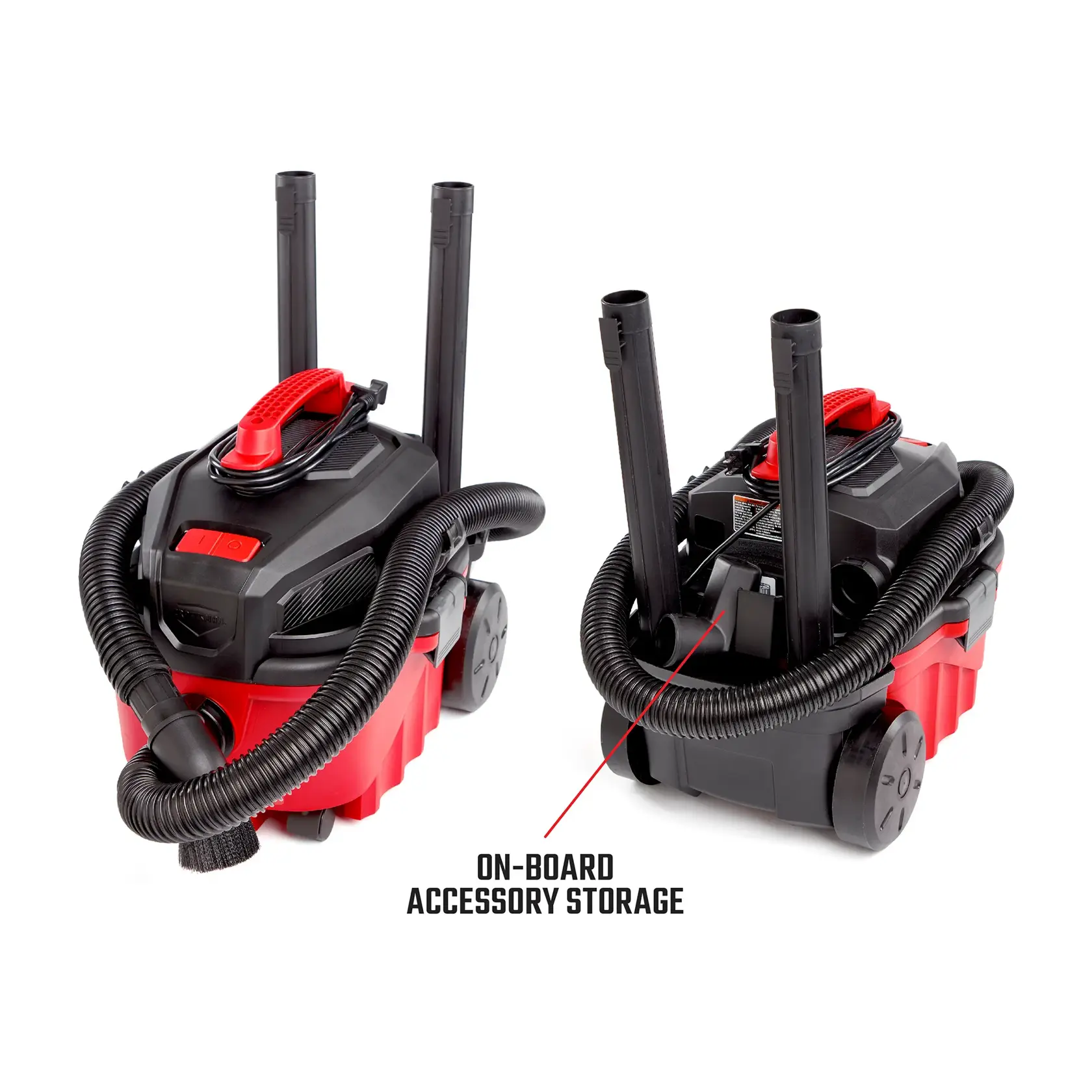 Front left and back right facing CRAFTSMAN 4 gallon shop vacuum with accessories stored onboard