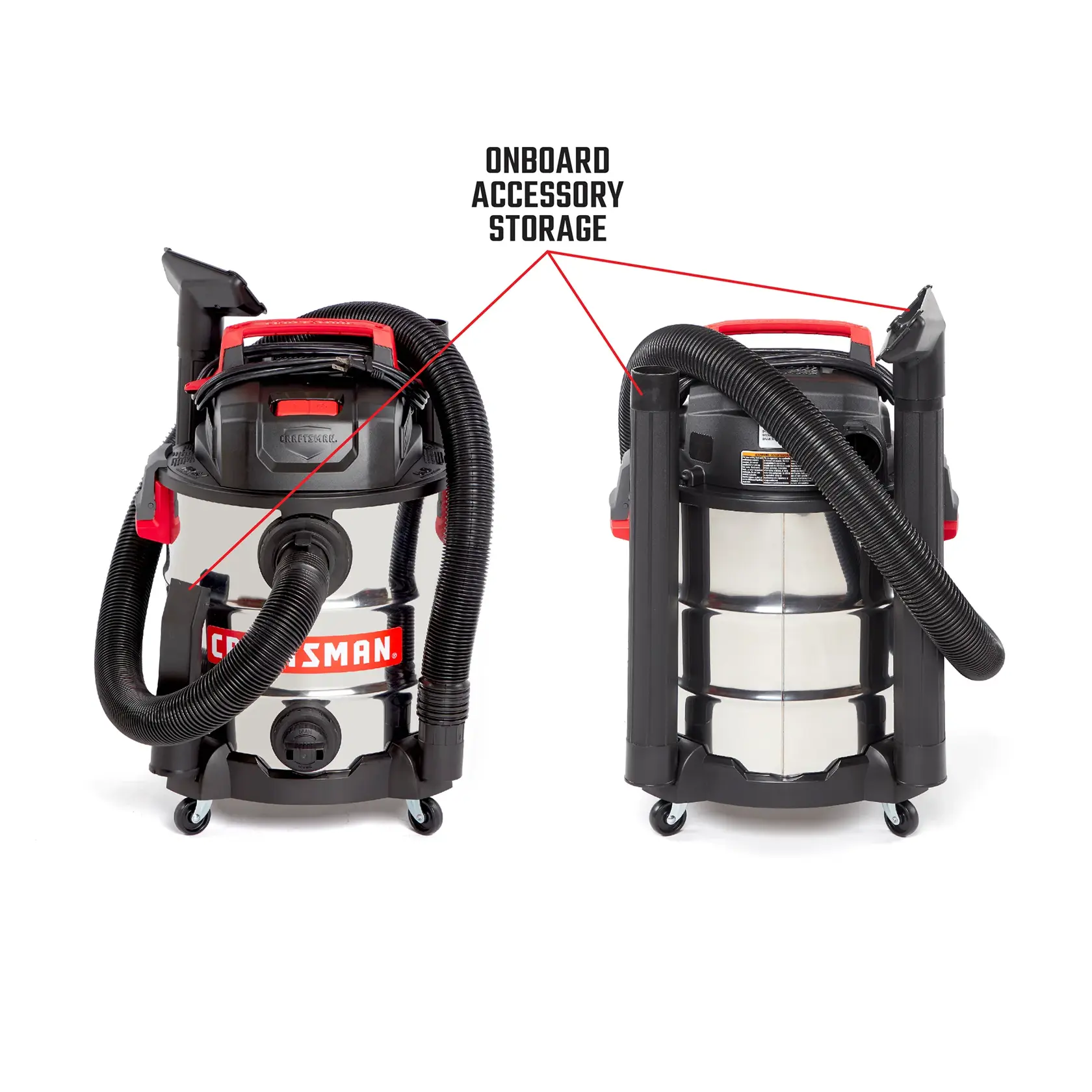 Front left and back right facing CRAFTSMAN 10 gallon shop vacuum with accessories stored onboard