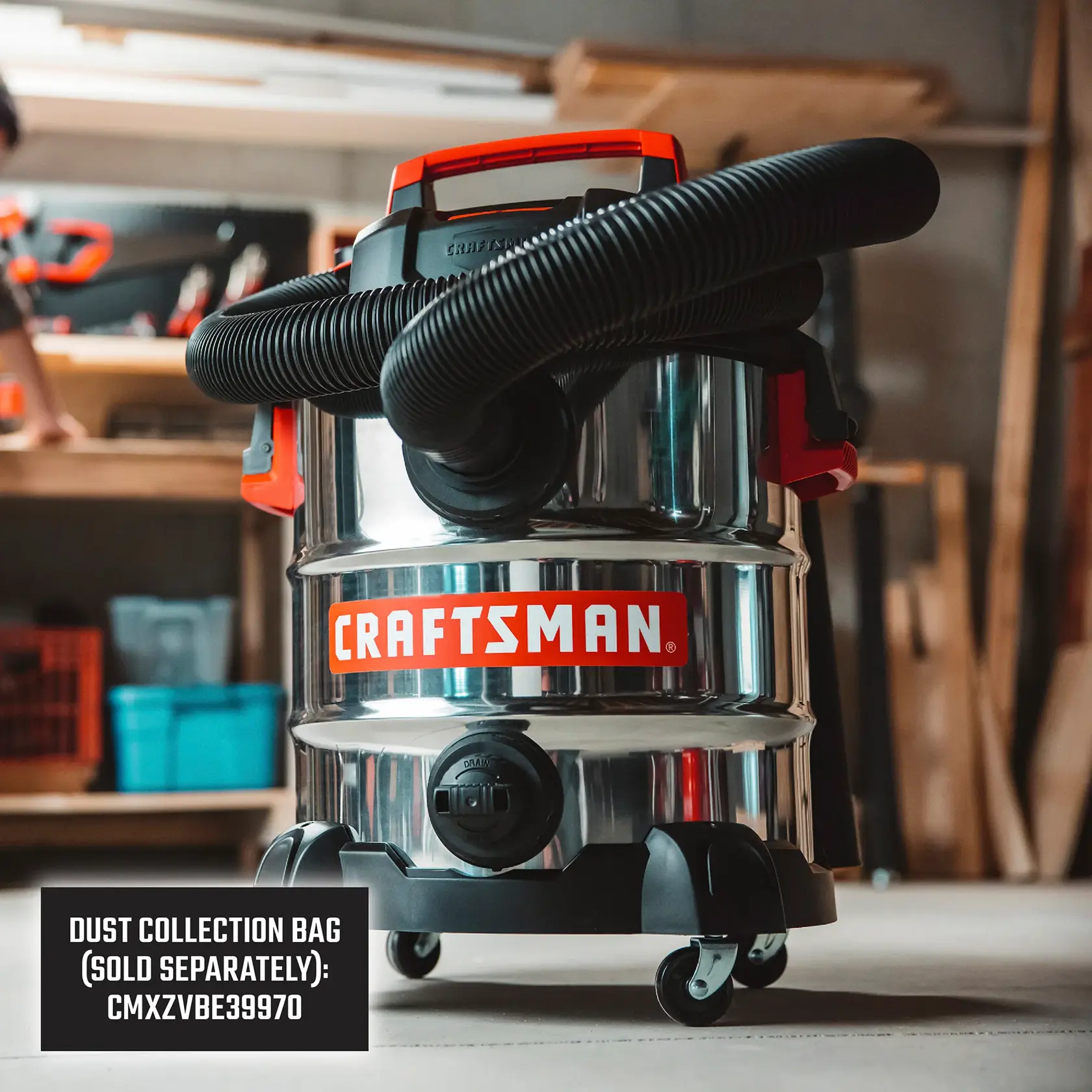 CRAFTSMAN 10 Gallon Wet/Dry Vac with hose sitting in workshop illustrating replacement dust bag