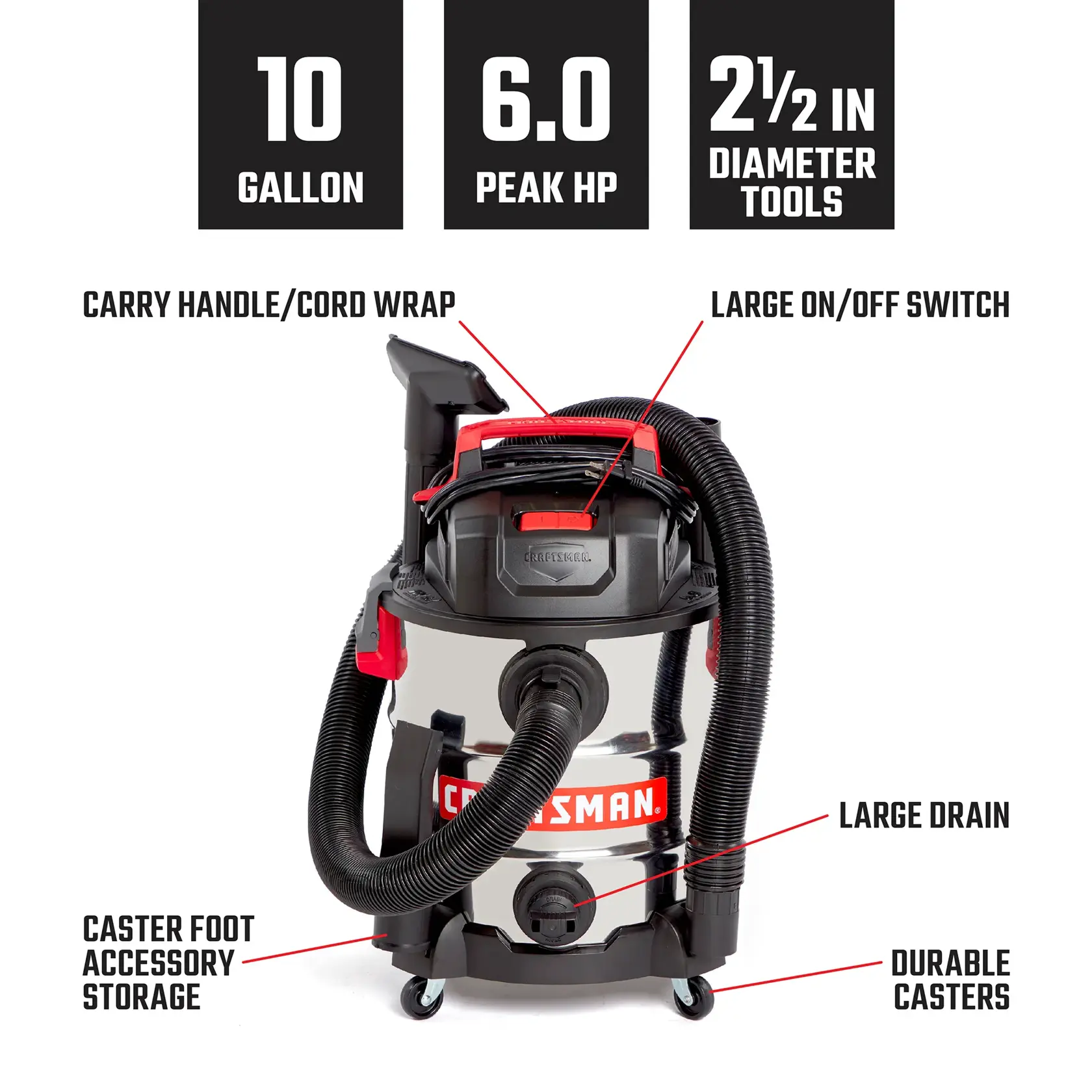 CRAFTSMAN 10 gallon shop vacuum with hose stored under workbench illustrating replacement filters