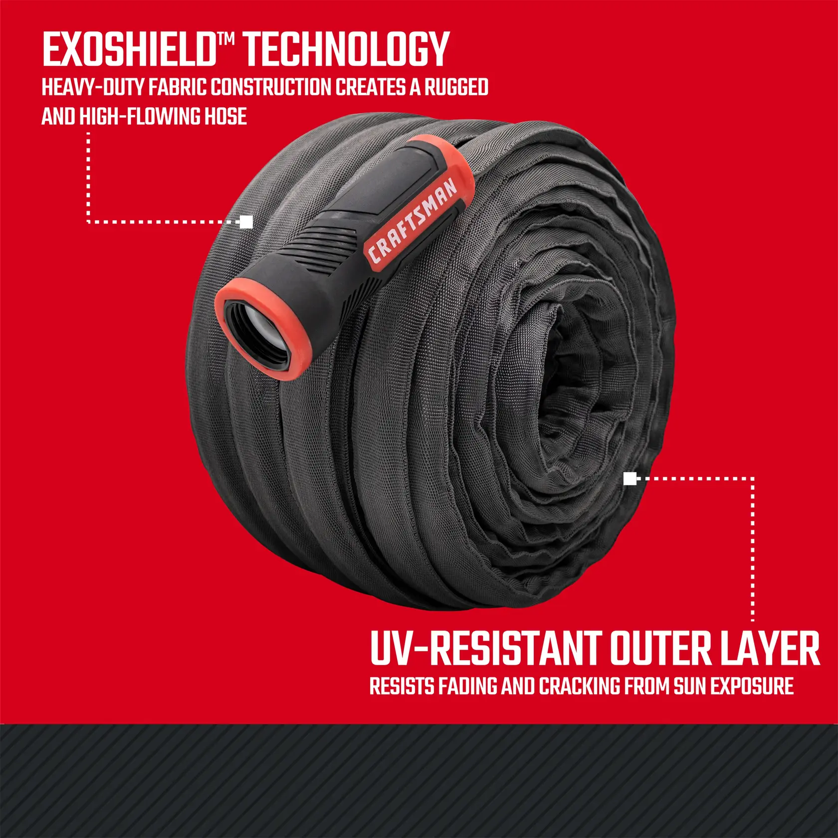 Black and red craftsman heavy-duty fabric hose, 100-foot by 5/8 inch. Featuring UV-resistant exoshield technology graphic