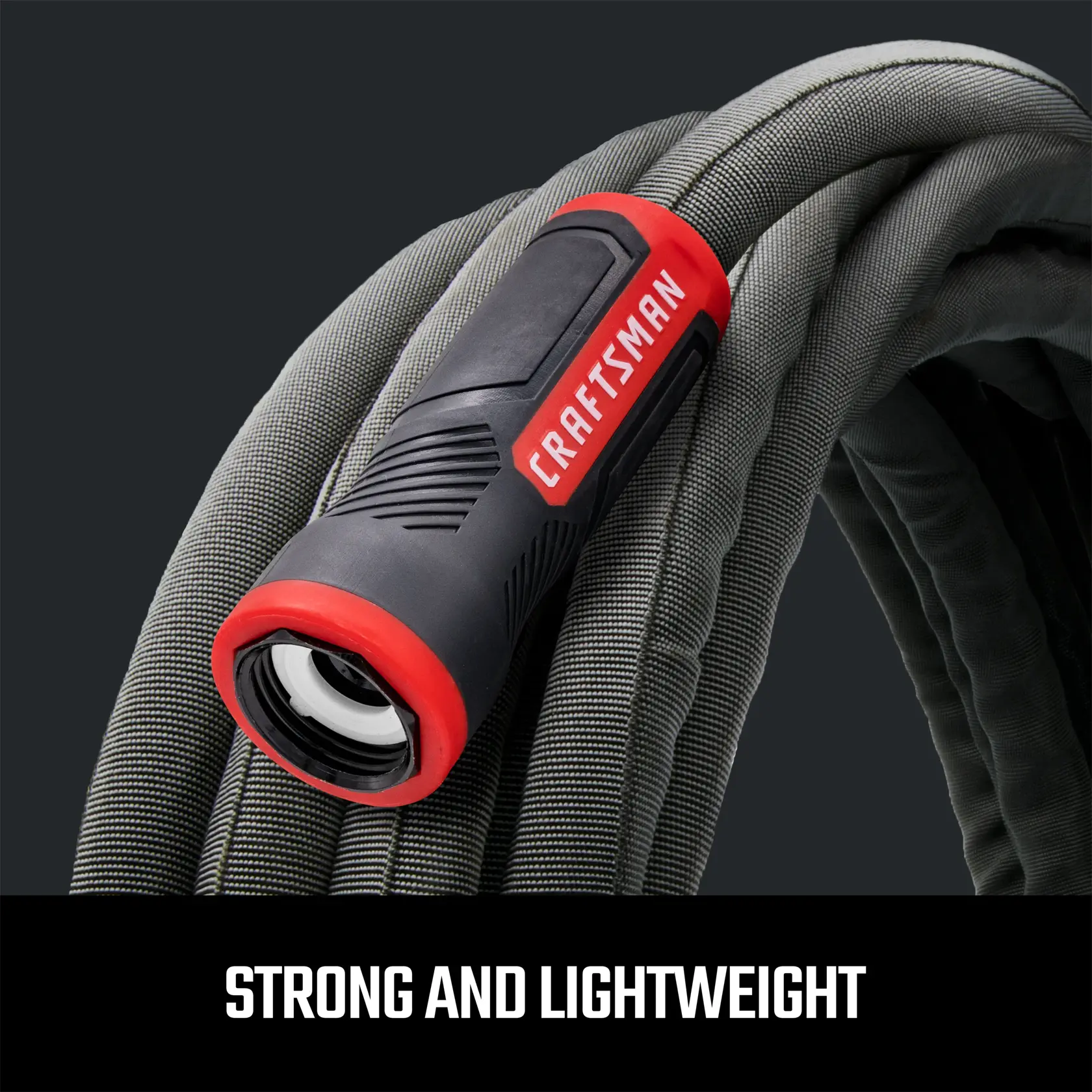 Strong and lightweight Black and red craftsman heavy-duty fabric hose, 100-foot by 5/8 inch. graphic