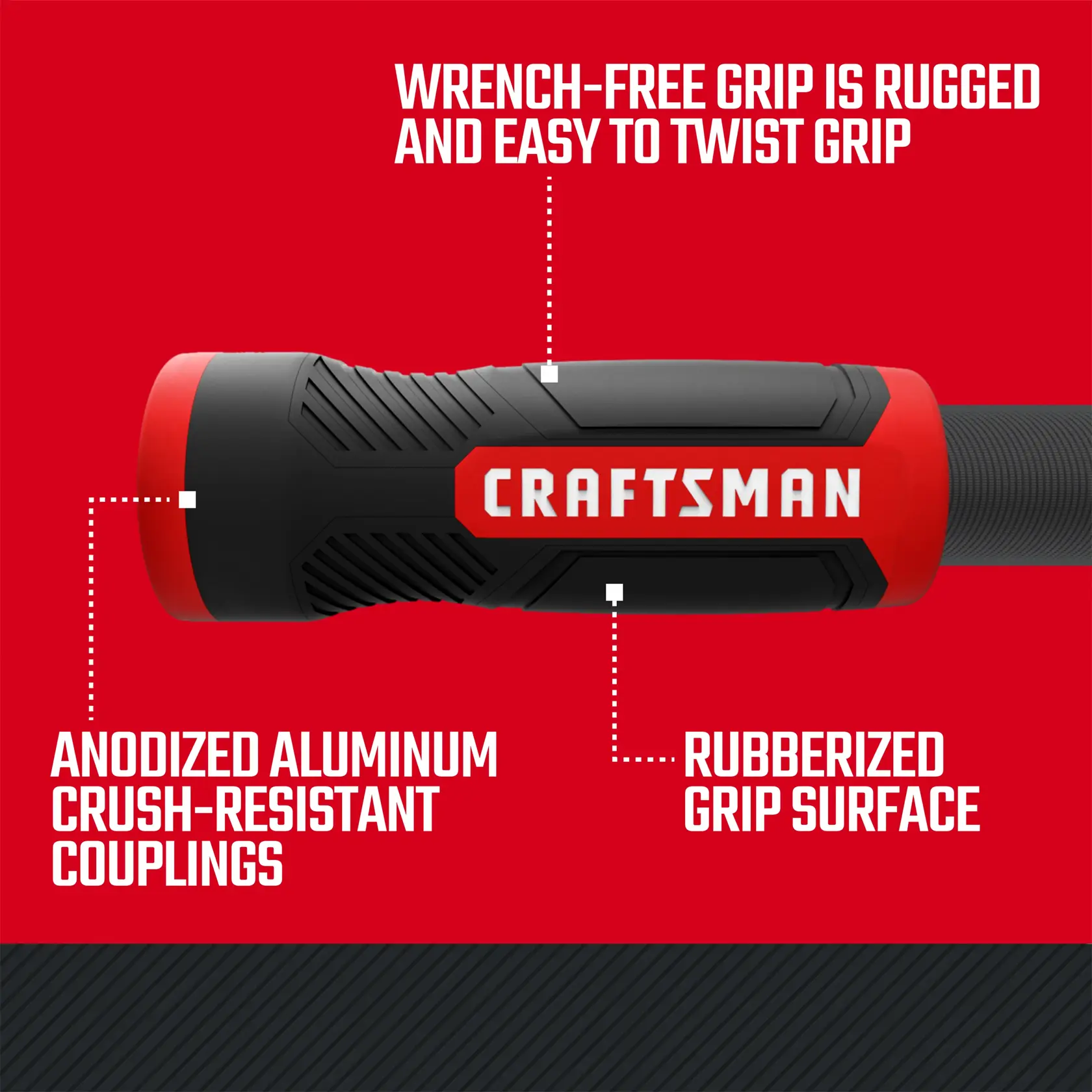Heavy-duty fabric hose, 100-foot by 5/8 inch. Featuring crush-resistant anodized aluminum couplings with rubberized grip graphic