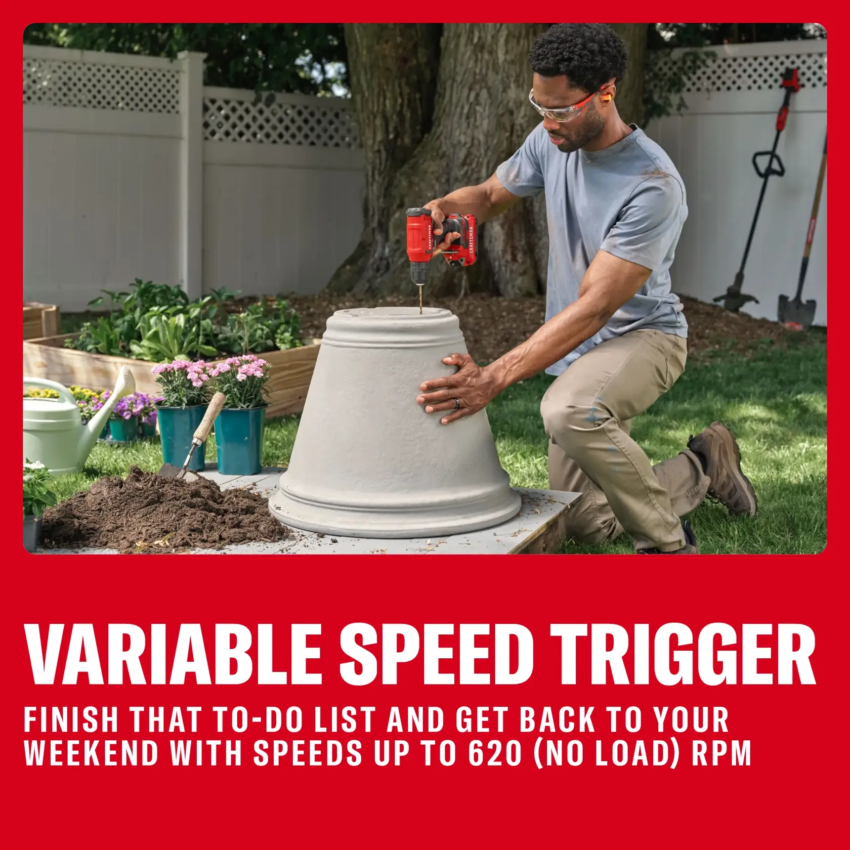 Person using CRAFTSMAN drill on large planter outdoors; text highlights variable speed up to 620 RPM.