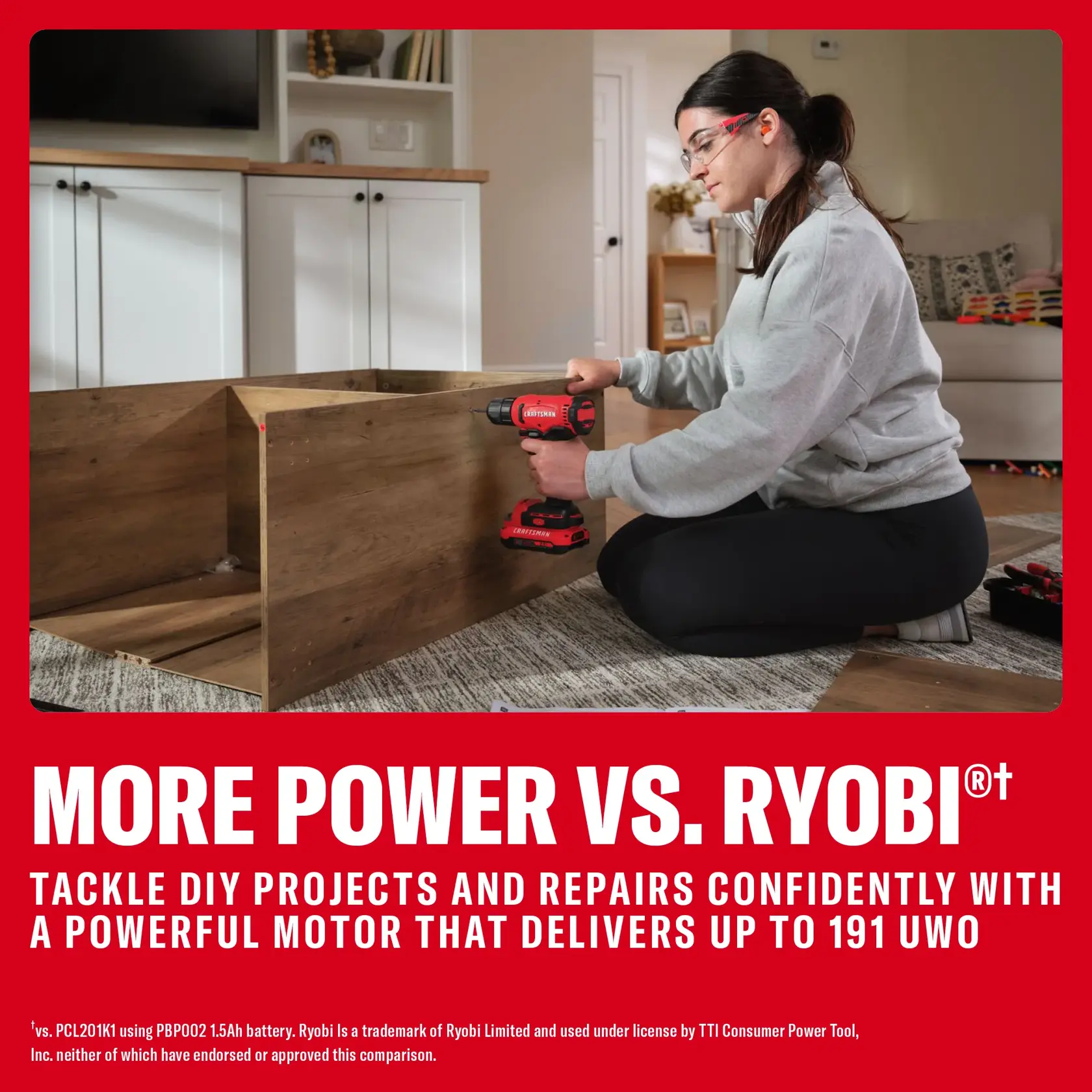 Person uses a CRAFTSMAN cordless drill on wood furniture with 'More Power vs. Ryobi' text on red background.