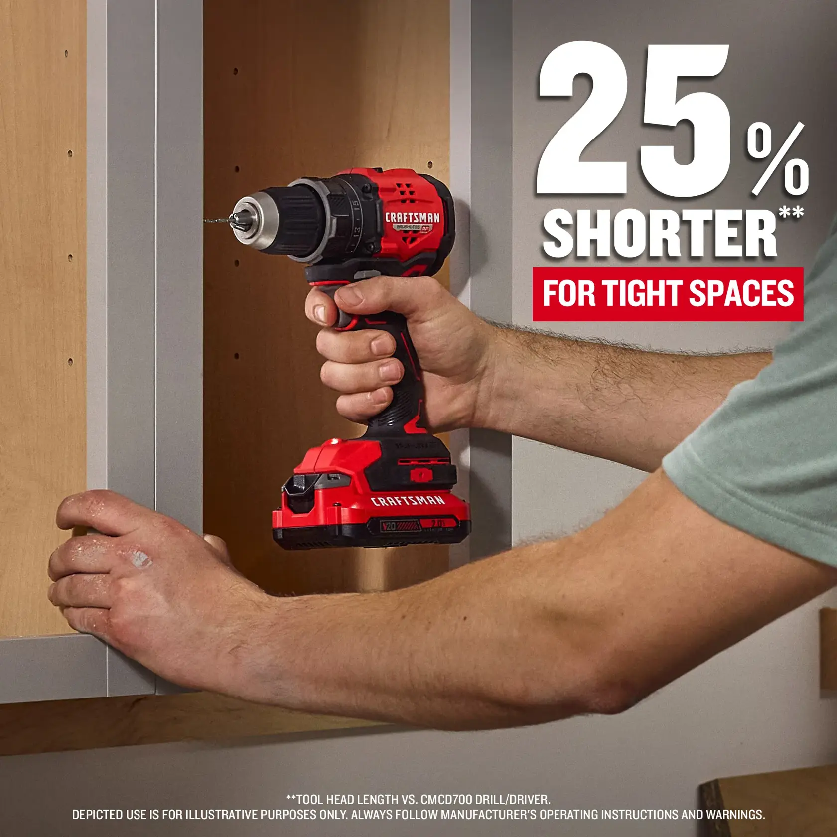eComm Graphic 25% Shorter CRAFTSMAN® V20* BRUSHLESS RP™  Drill Driver Kit