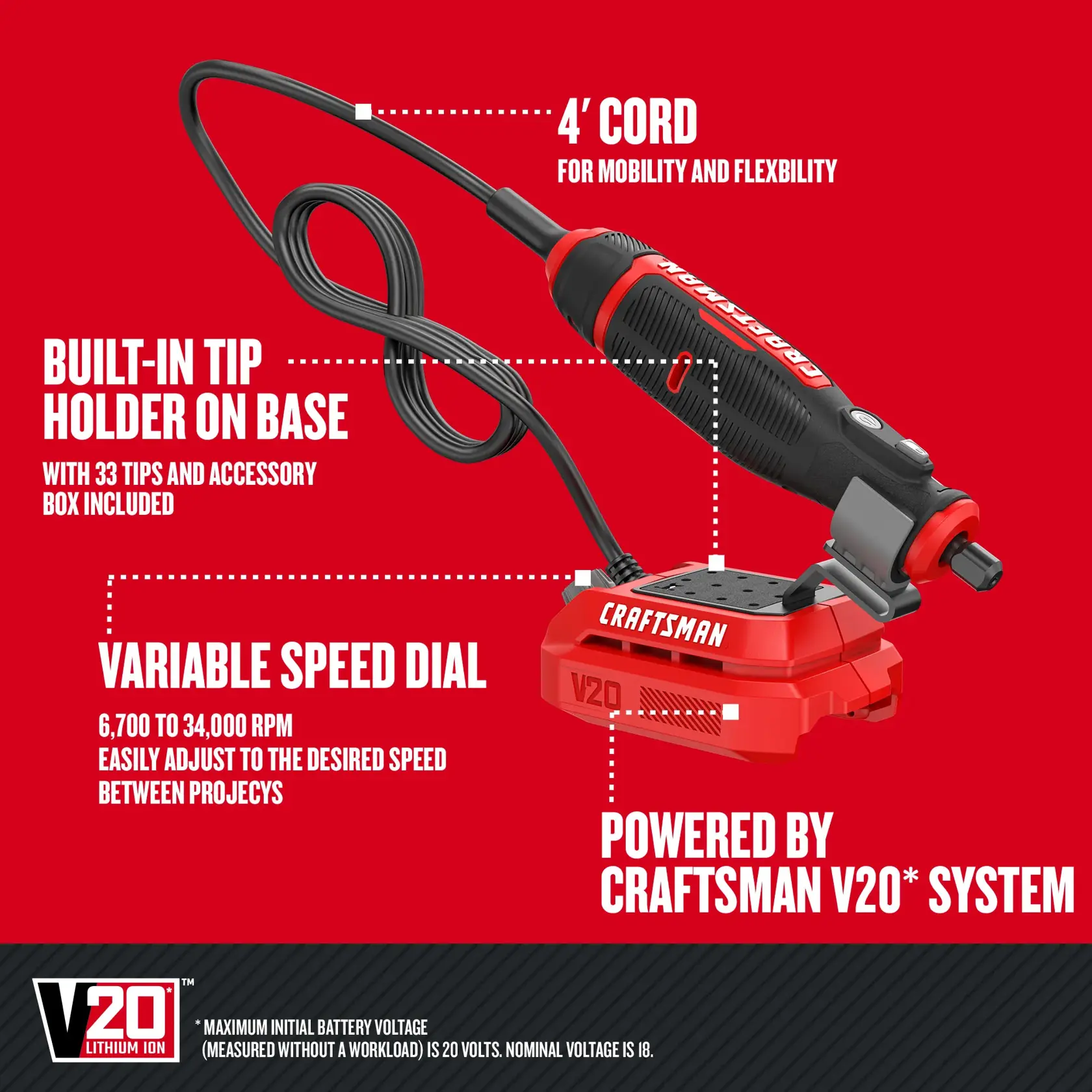 Walk-around graphic of product highlighting 4' cord, built-in tip holder on base, variable speed dial, powered by CRAFTSMAN V20 system