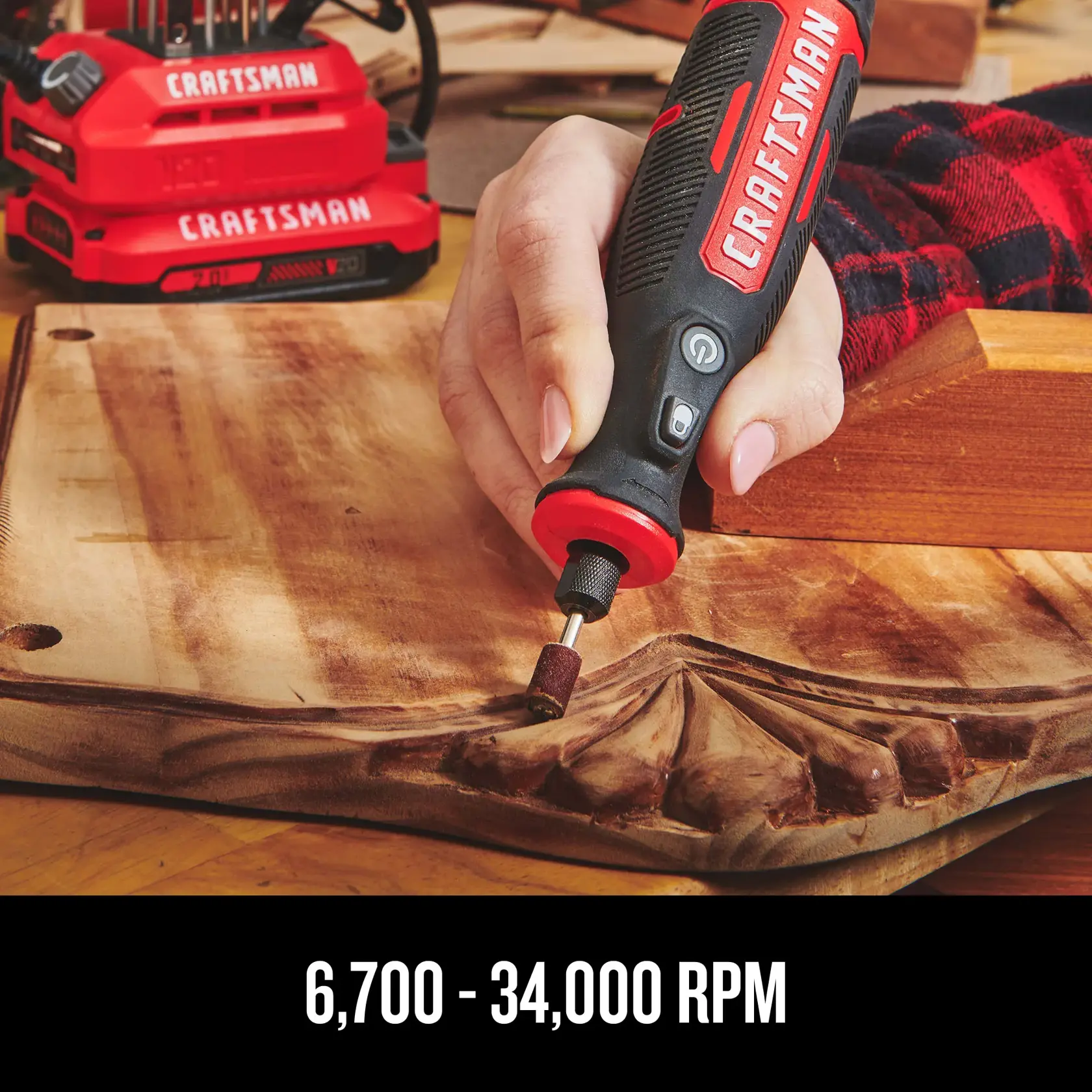 Person using CRAFTSMAN(R) V20 Rotary Tool on wood, highlighting 6,700 to 34,000 RPM
