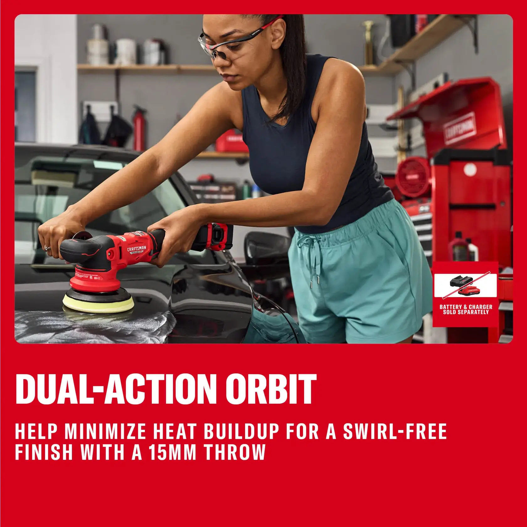 Photo of a person using a Craftsman cordless dual-action orbital polisher CMCE150B on a car hood in a garage.