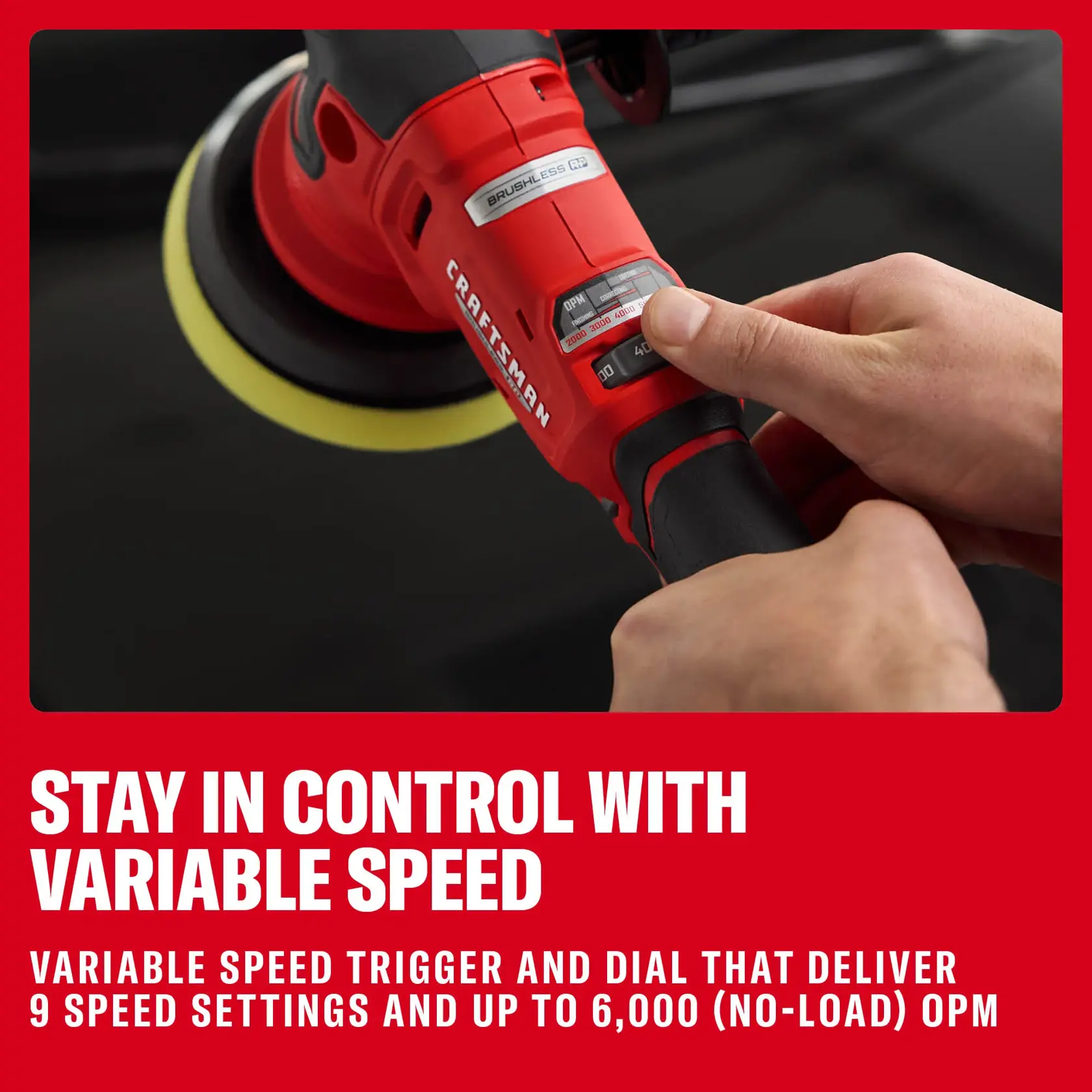 Photo of a Craftsman CMCE150B automotive polisher showing a hand adjusting variable speed dial, close-up view.