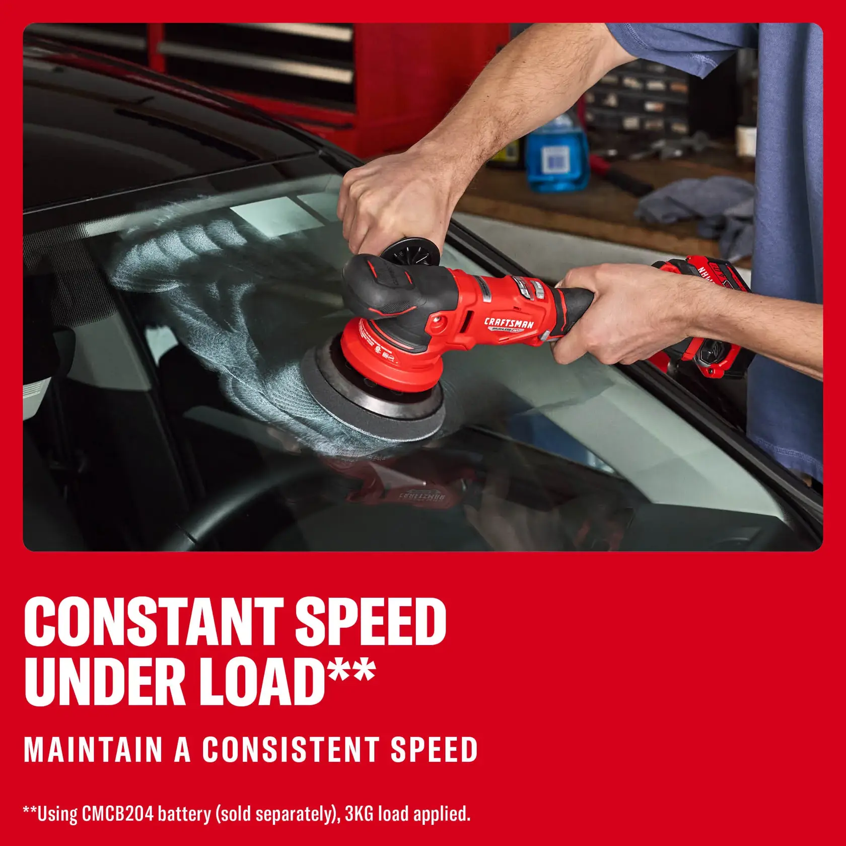 Photo of Craftsman cordless polisher CMCE150B in use on a car windshield, close-up, showing polishing action.