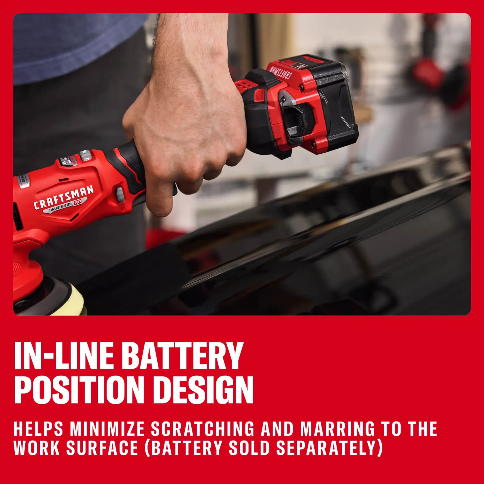 Photo of Craftsman cordless polisher CMCE150B with in-line battery design held over a black work surface.