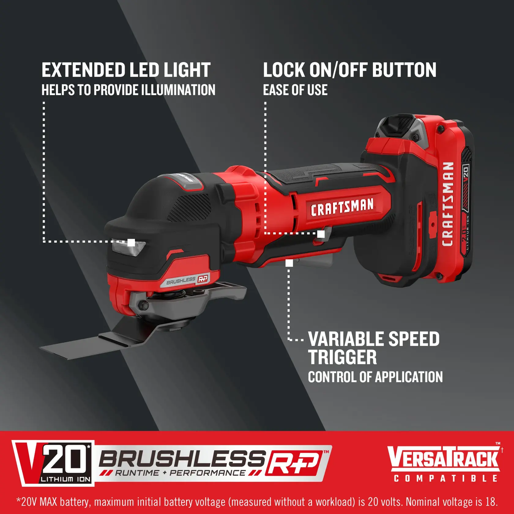 V20 BRUSHLESS RP Oscillating Tool on dark background