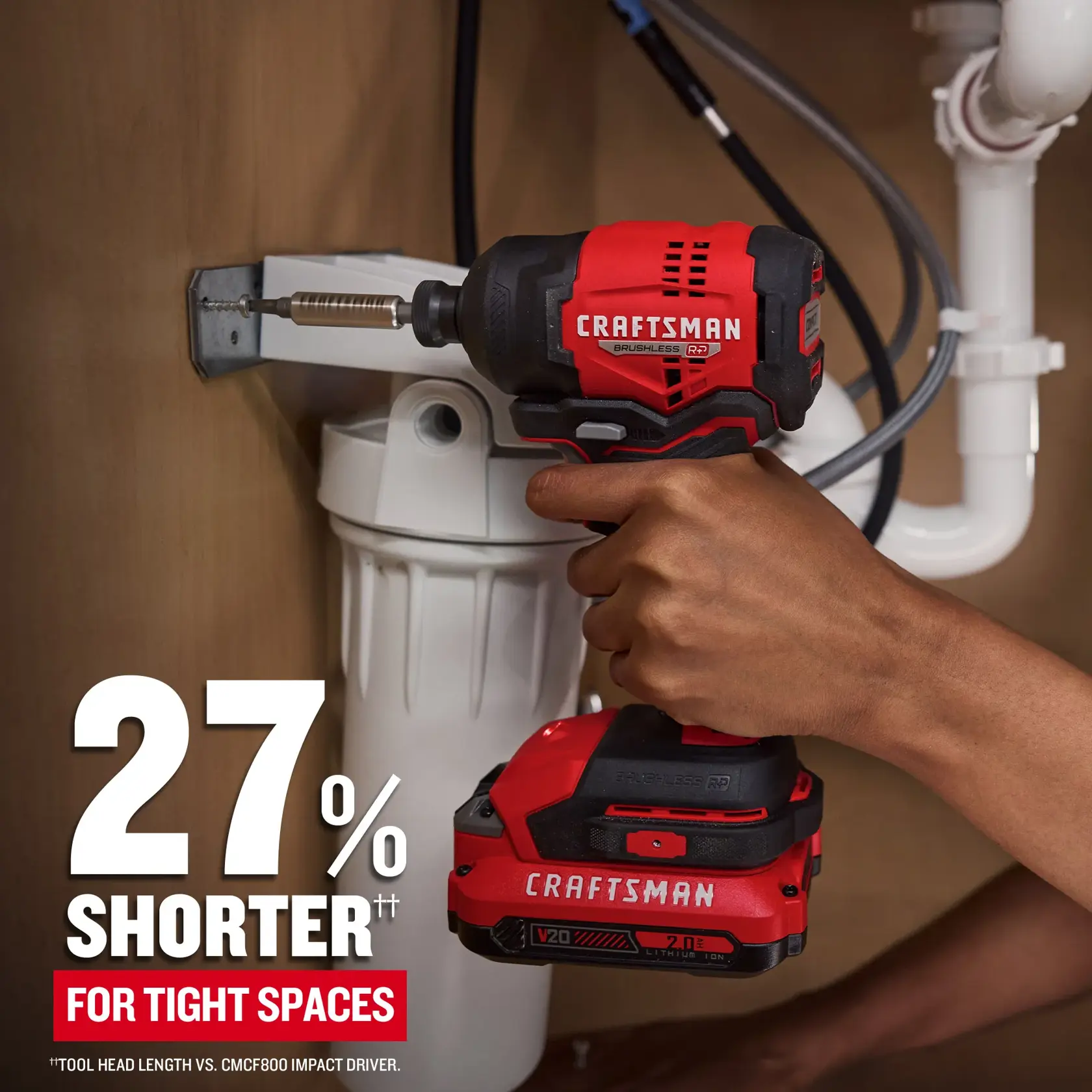 eComm Graphic 27% Shorter CRAFTSMAN® V20* BRUSHLESS RP™  Impact Driver Kit 
