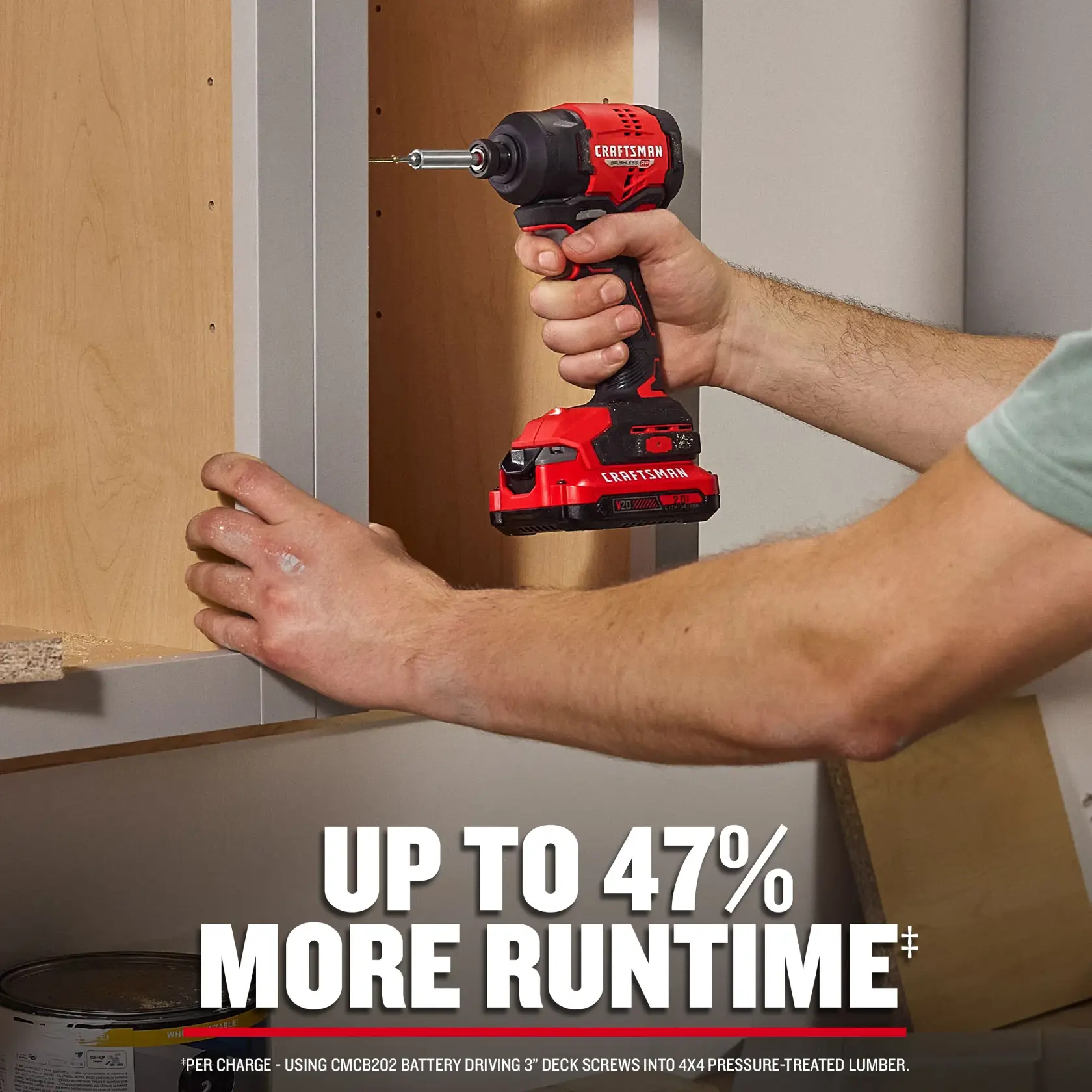 eComm Graphic 47% More Runtime CRAFTSMAN® V20* BRUSHLESS RP™  Impact Driver Kit 