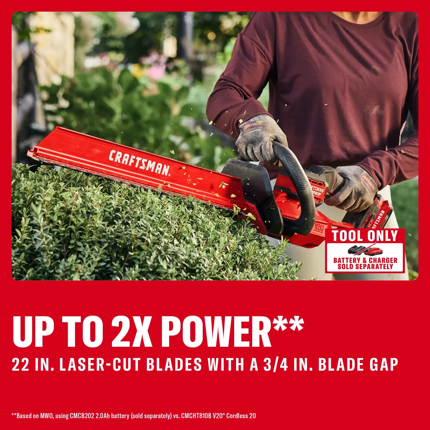 CRAFTSMAN® V20* BRUSHLESS RP™ 22 in. Hedge Trimmer 2Ah Battery and Charger Kit eComm Graphic