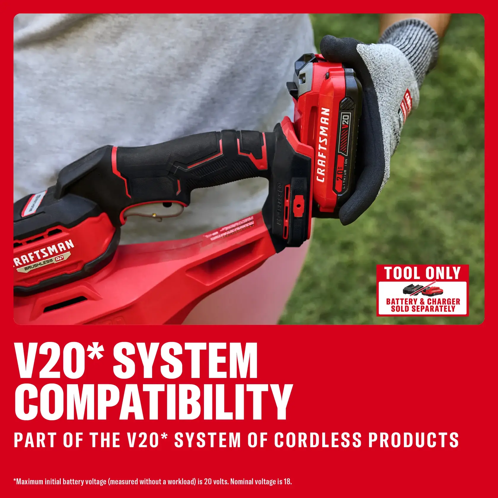 CRAFTSMAN® V20* BRUSHLESS RP™ 22 in. Hedge Trimmer 2Ah Battery and Charger Kit eComm Graphic