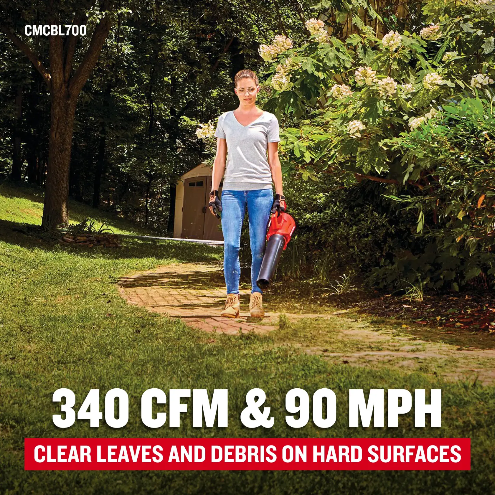 Graphic showing blower in use with text highlighting up to 340 CFM and 920 MPH air flow