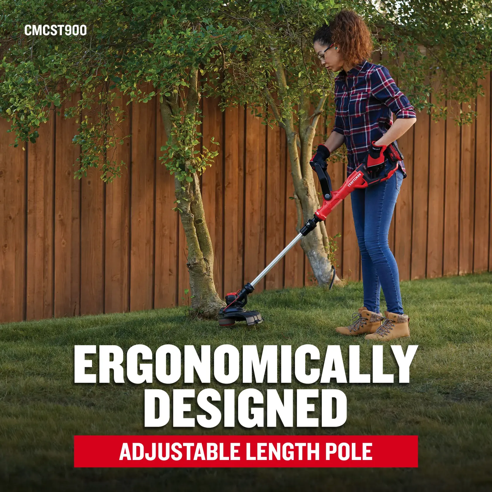 Graphic showing string trimmer in use with text highlighting string trimmer's ergonomic design