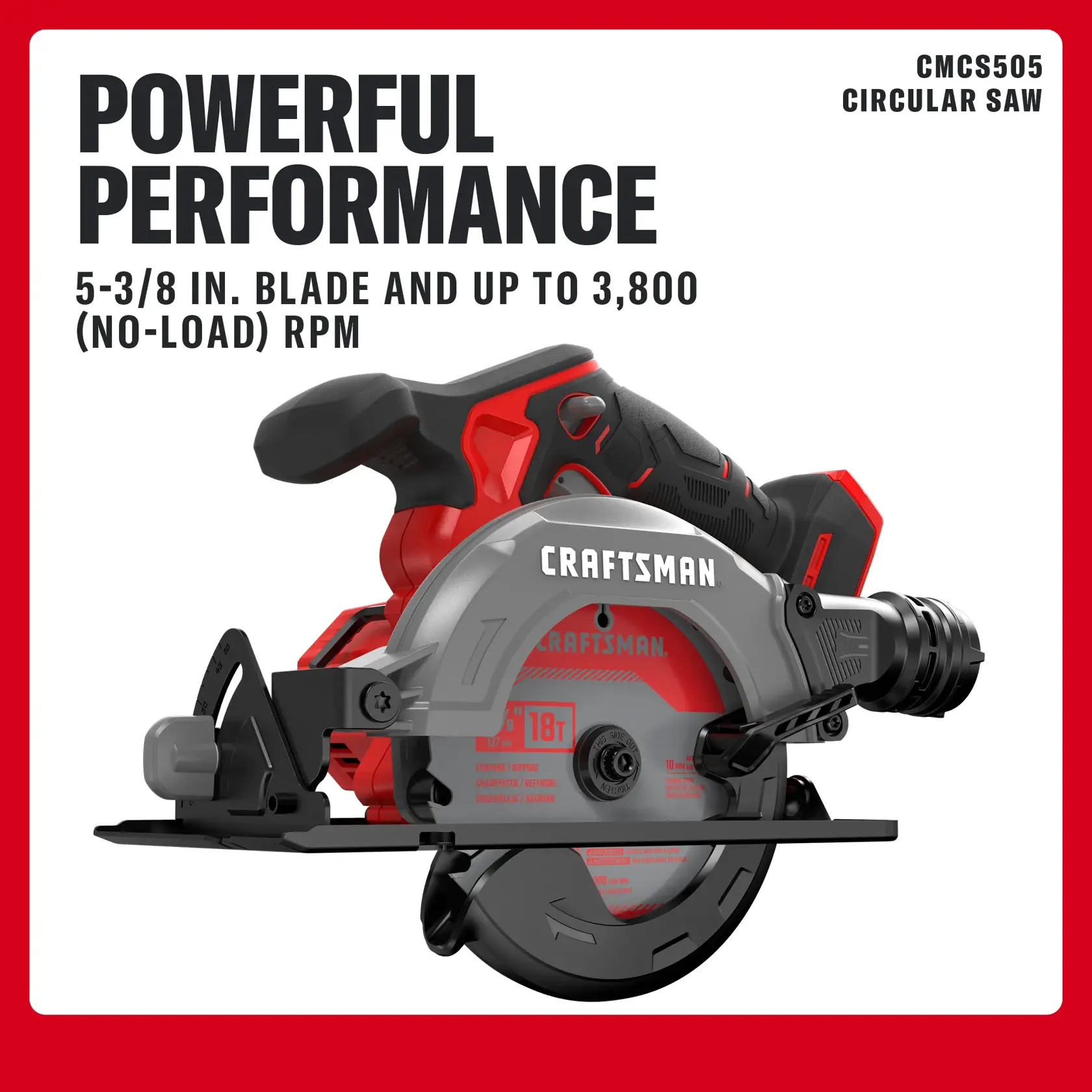 CRAFTSMAN circular saw, 5-3/8 in. blade, 3800 RPM. Graphics. SKUs: CMCS505, CMCD702, CMCK203D1M1.