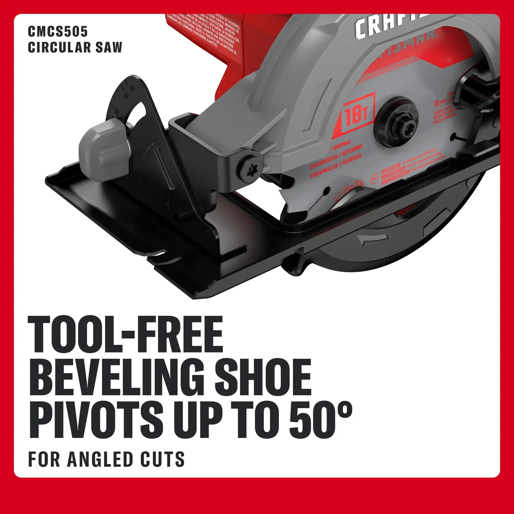 CRAFTSMAN CMCS505, CMCD702, CMCK203D1M1 saw. Tool-free bevel shoe pivots 50° for angled cuts. Graphics category.