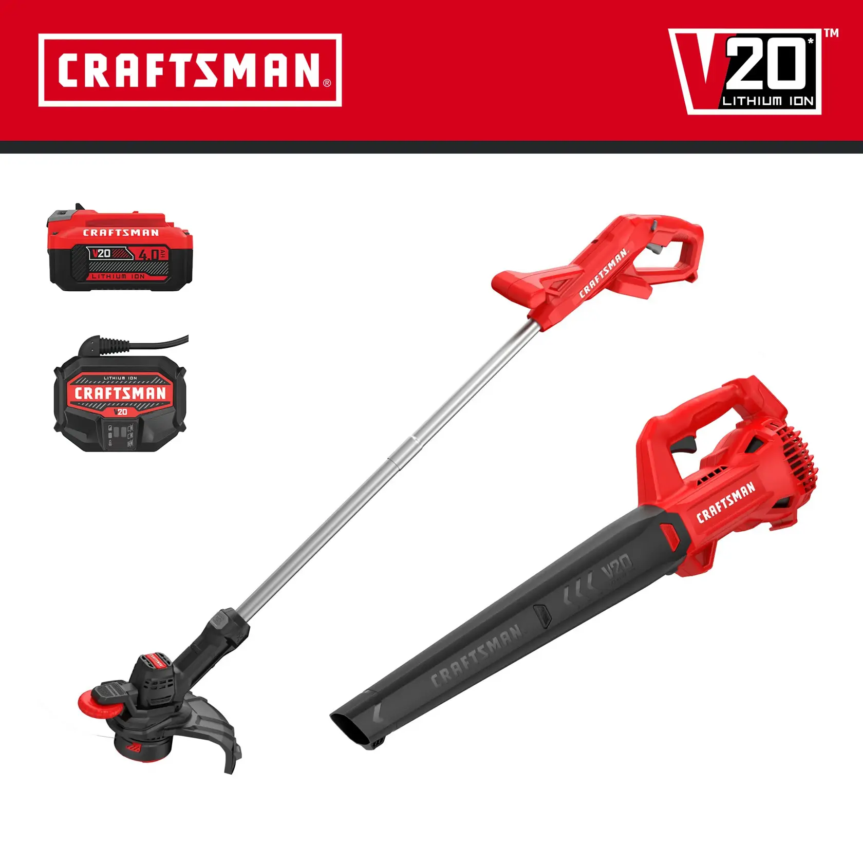eComm Graphic Beauty Shots of CRAFTSMAN V20* String Trimmer, Blower and 4.0 AH Battery and Charger Kit