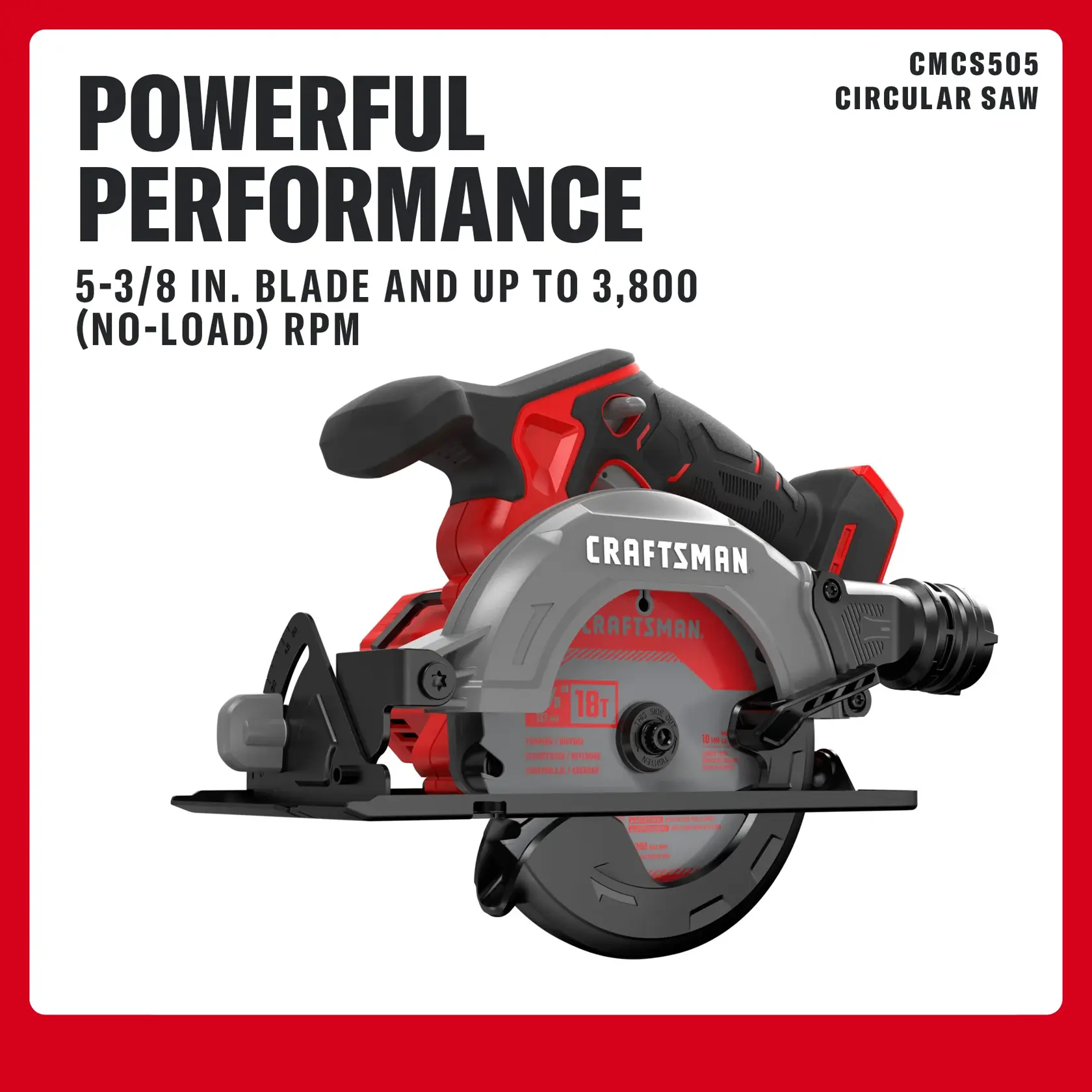 Craftsman circular saw with 5-3/8 in. blade, up to 3,800 RPM, and ergonomic red and black handle.