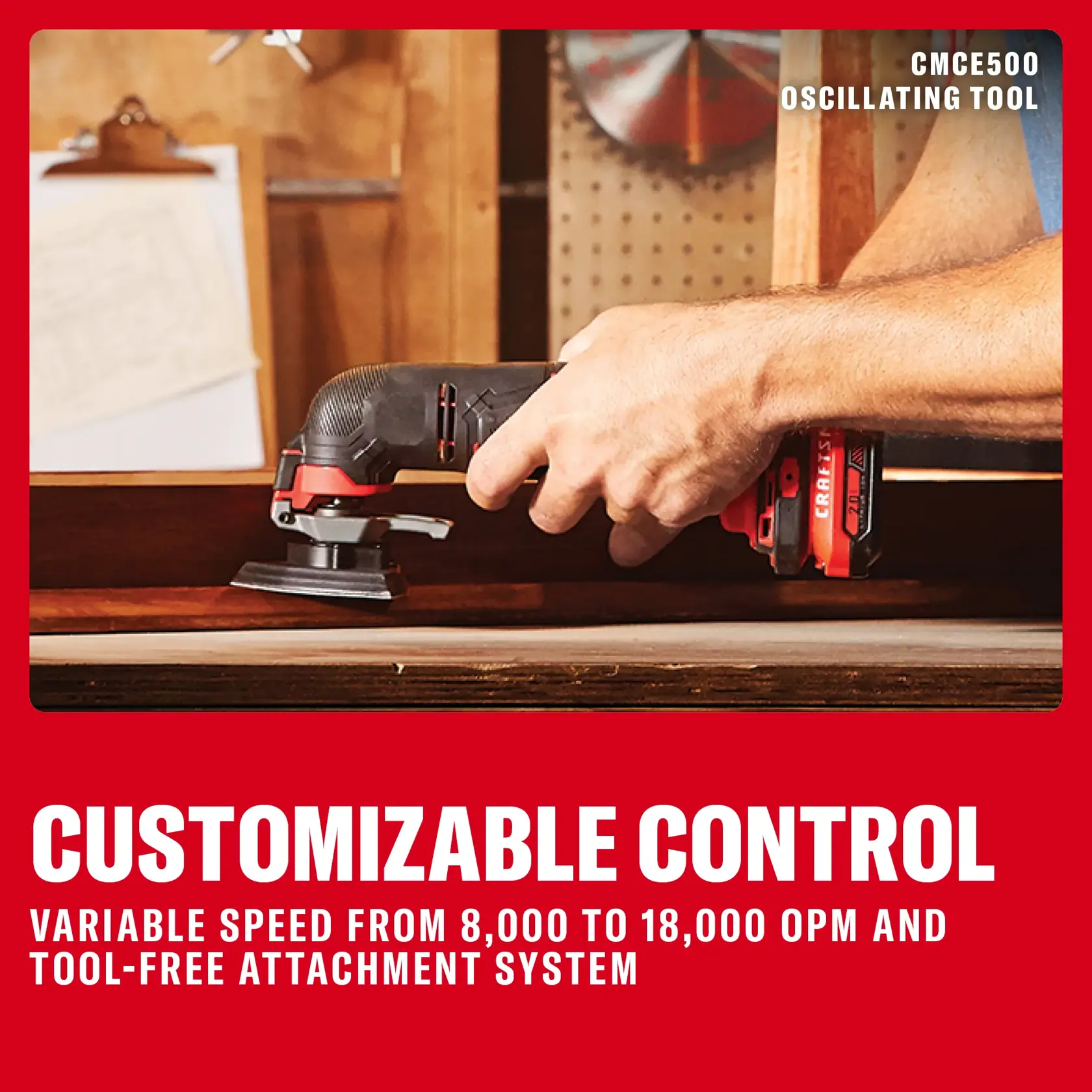 Hand using oscillating tool with customizable speed and tool-free attachment system in workshop setting.