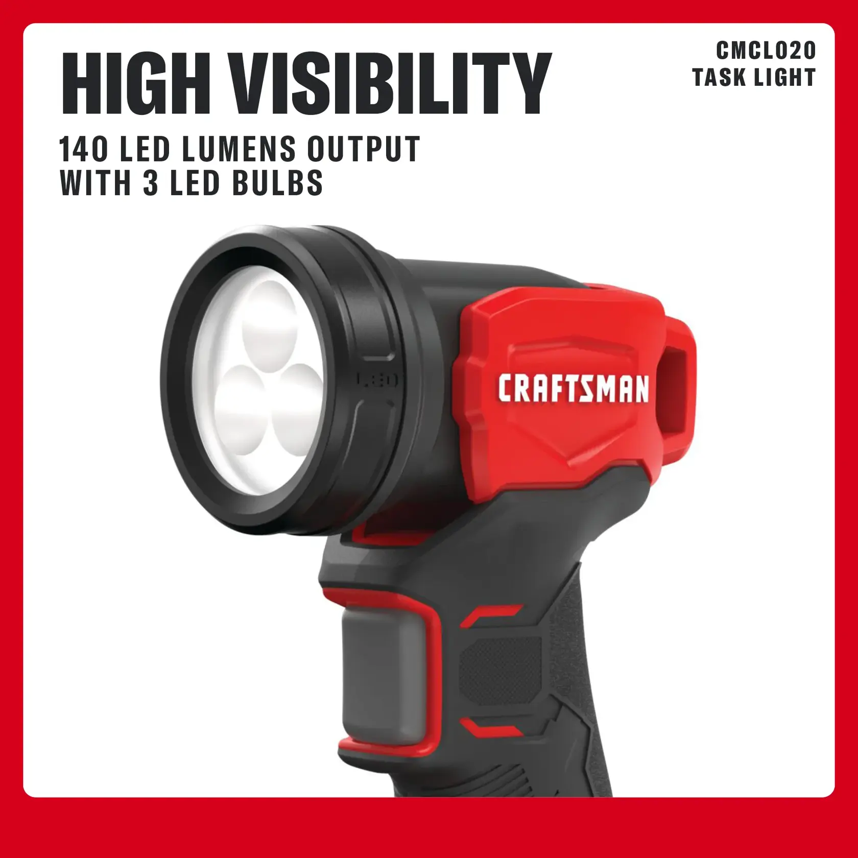CRAFTSMAN task light with 3 LEDs, 140-lumen output, black and red, high visibility design, handheld device.